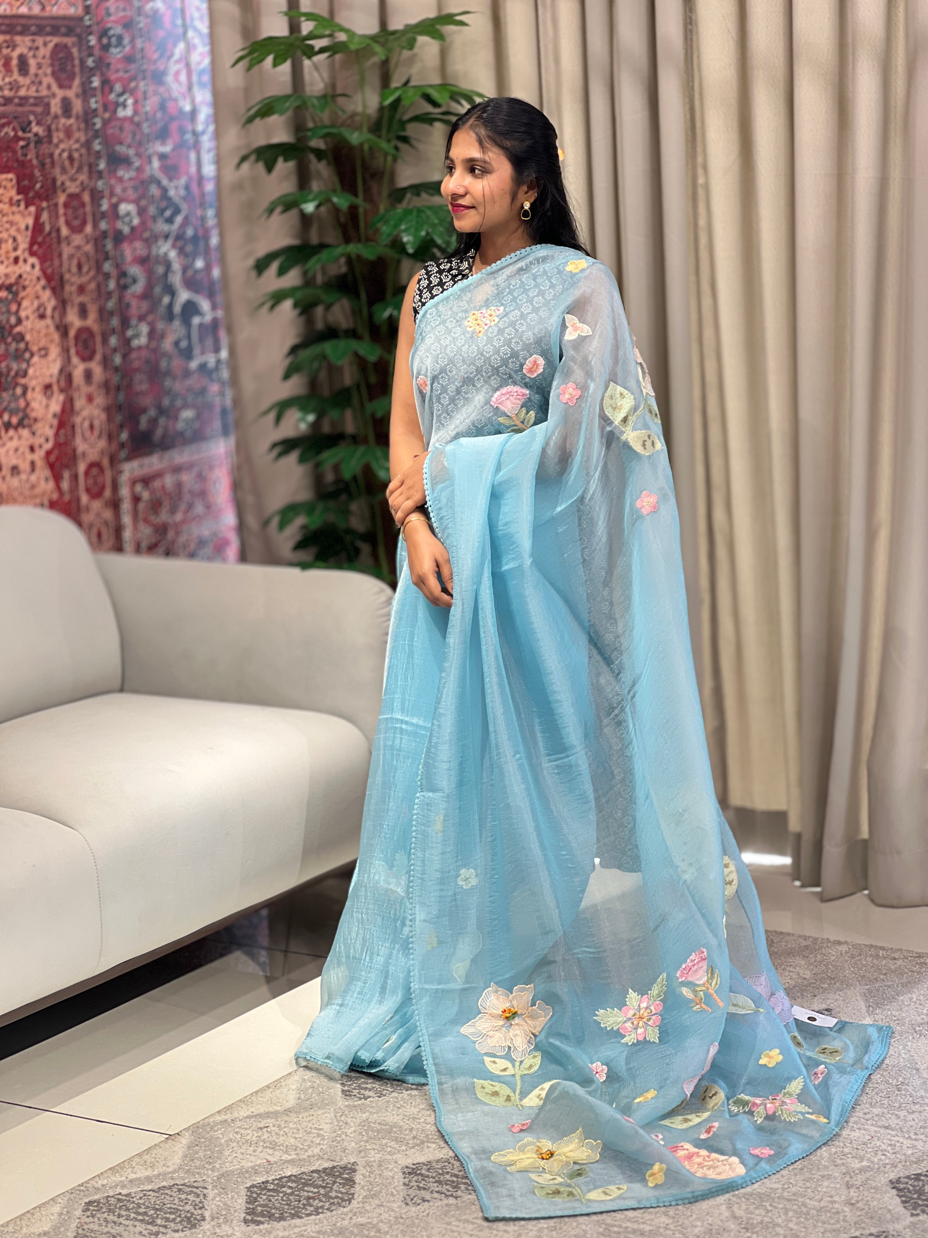 Floral Applique & Embroidery Detailed Shimmer Organza Saree | BLD1699