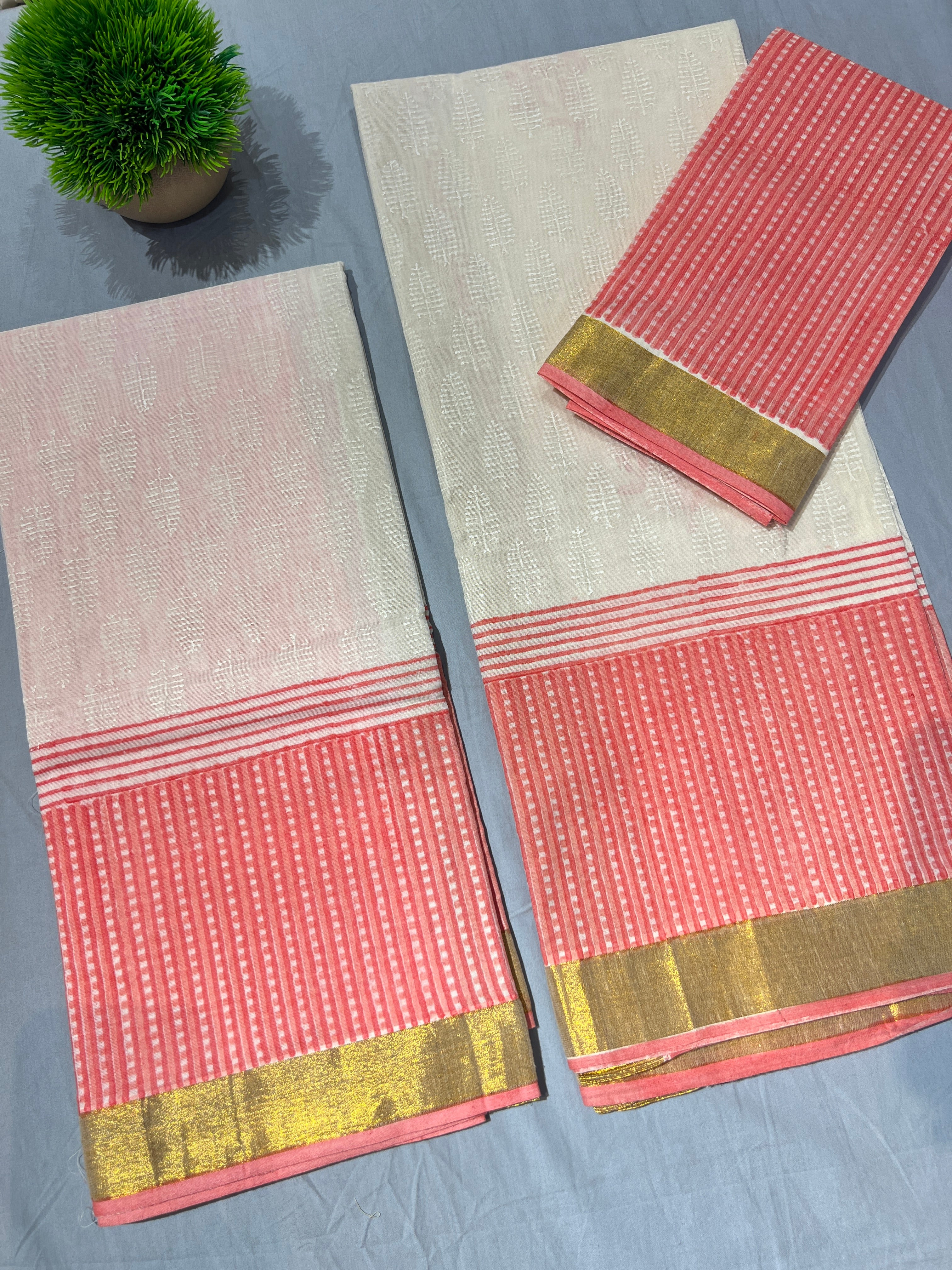 Classic Check Hand Block Printed Cotton Set Mundu |JSC308