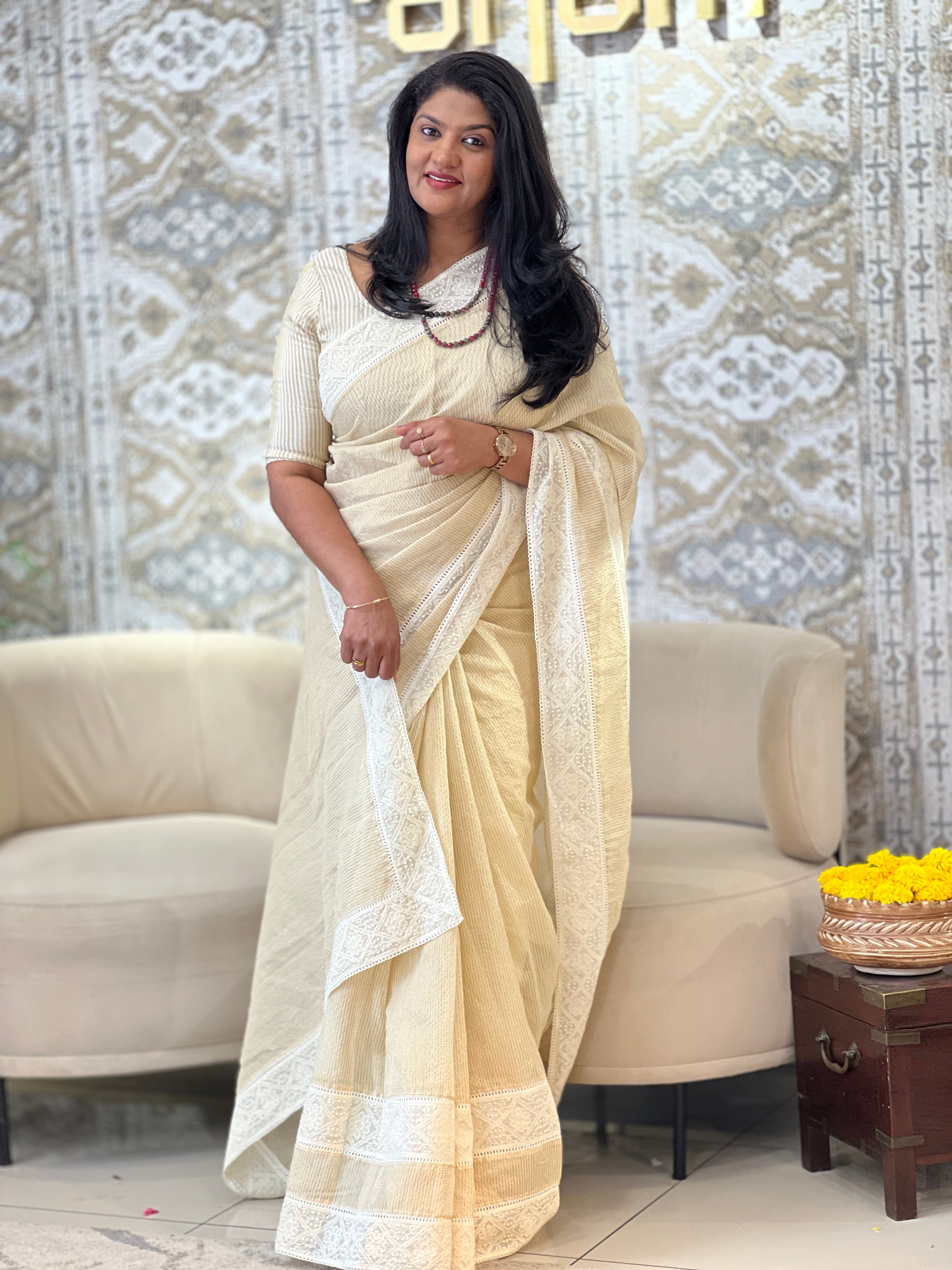 Lucknowi Inspired Embroidery Pattern Mul Chanderi Saree | MM607