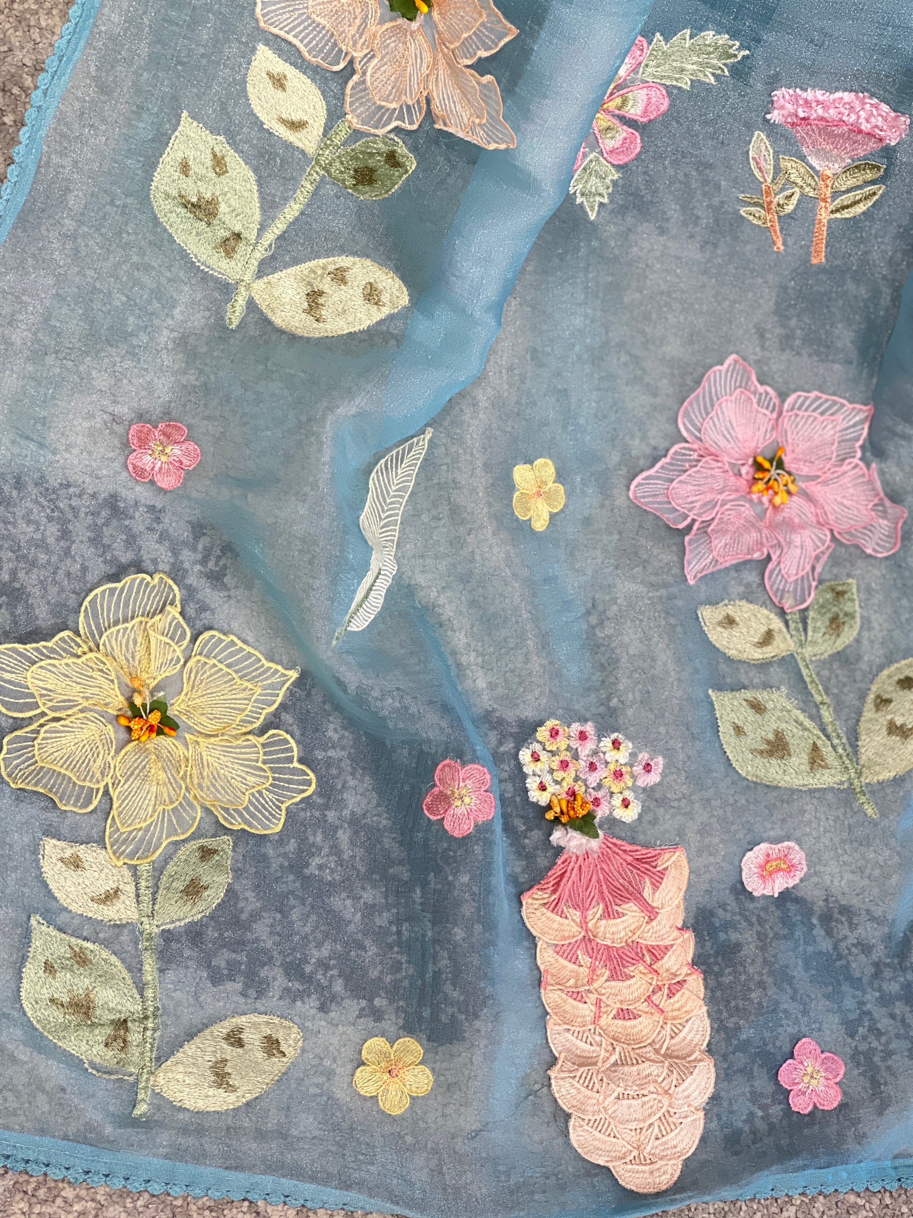 Floral Applique & Embroidery Detailed Shimmer Organza Saree | BLD1699