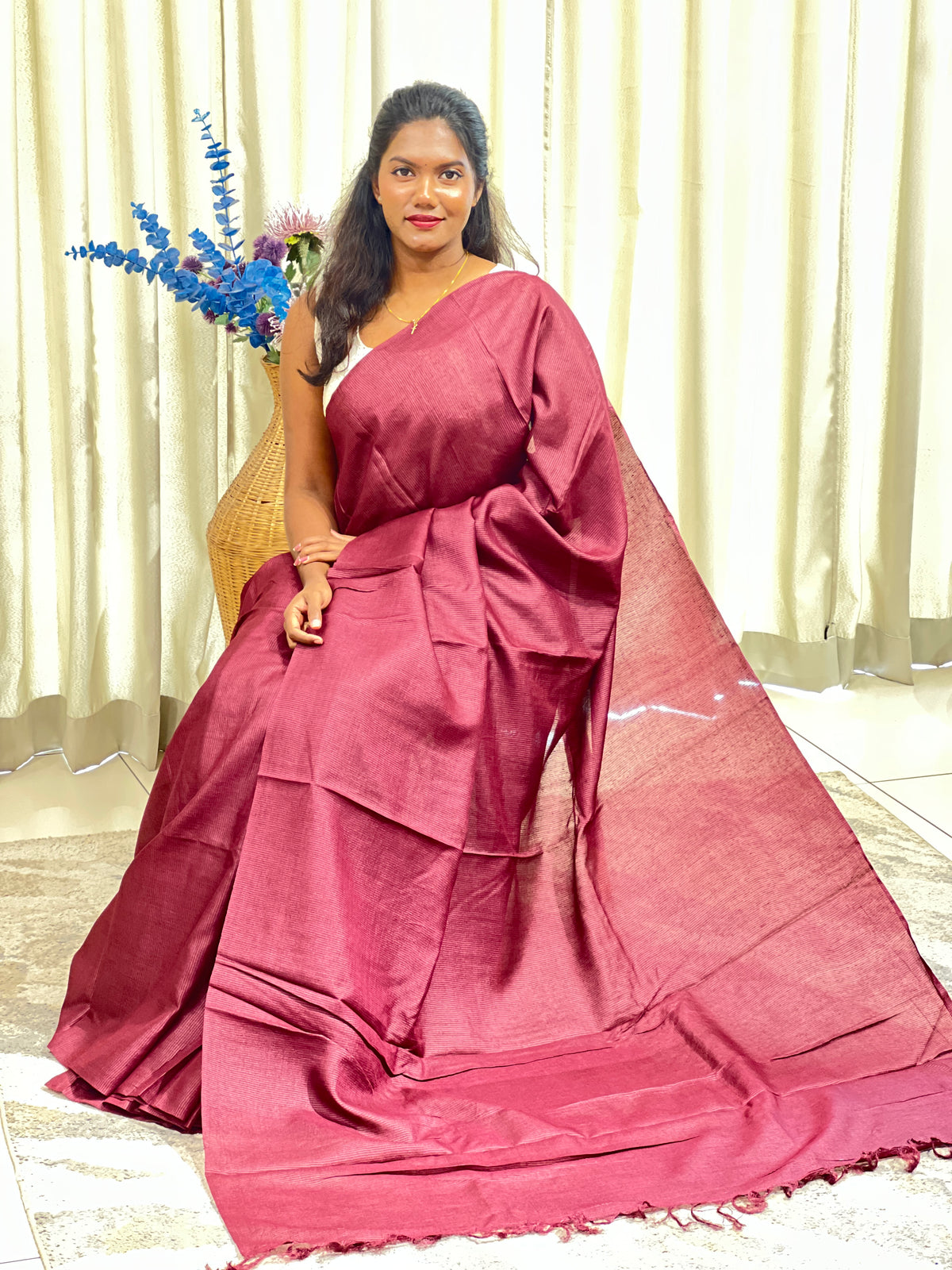 Solid Patterned Semi Tussar Saree | AHD1958