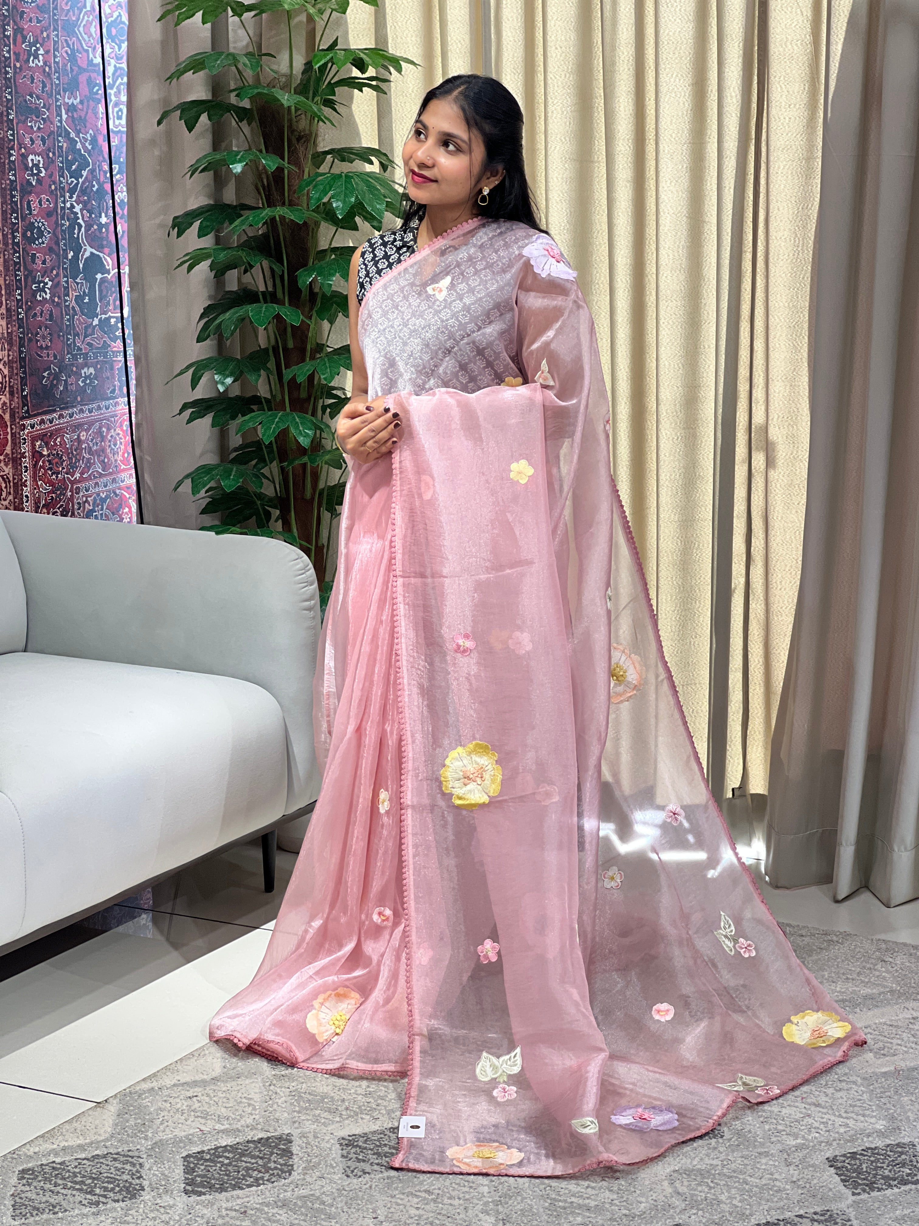 Floral Embroidery Detailed Shimmer Organza Saree | BLD1700