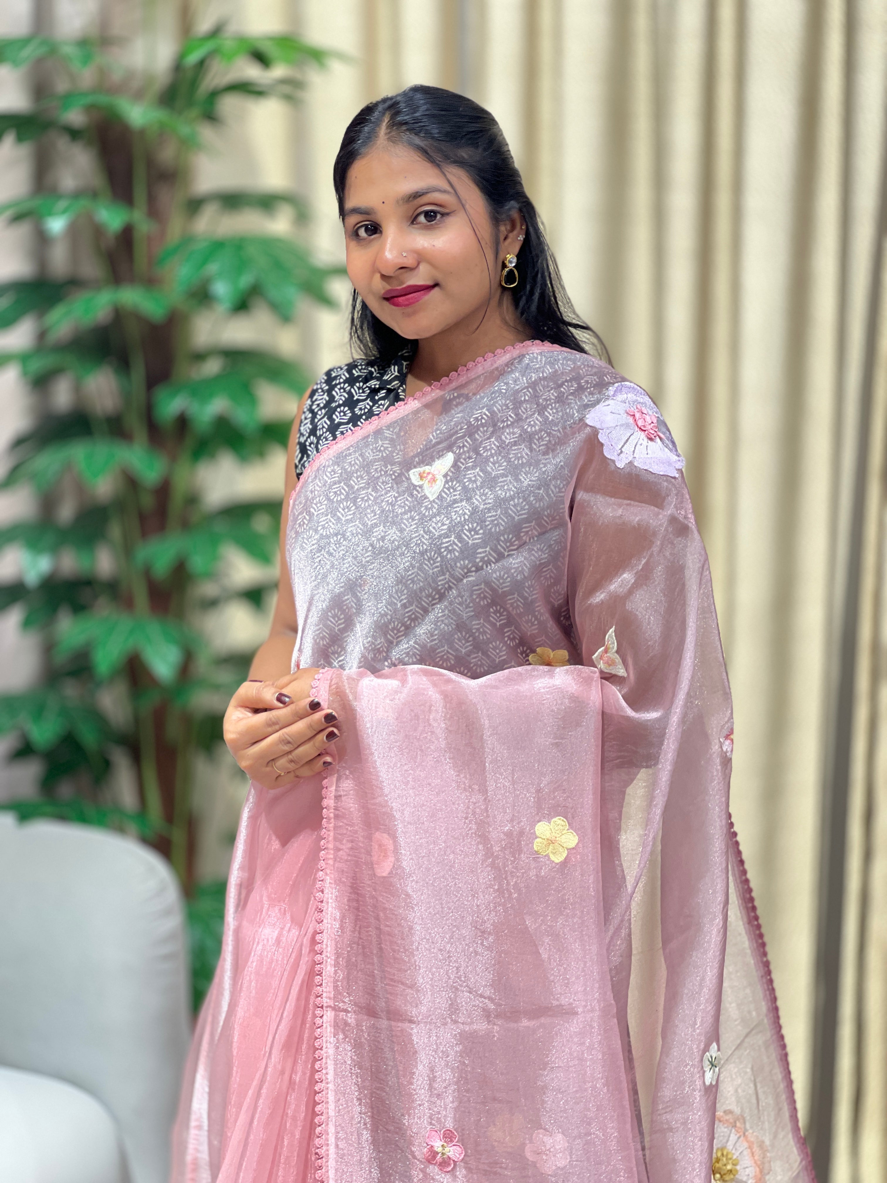 Floral Embroidery Detailed Shimmer Organza Saree | BLD1700