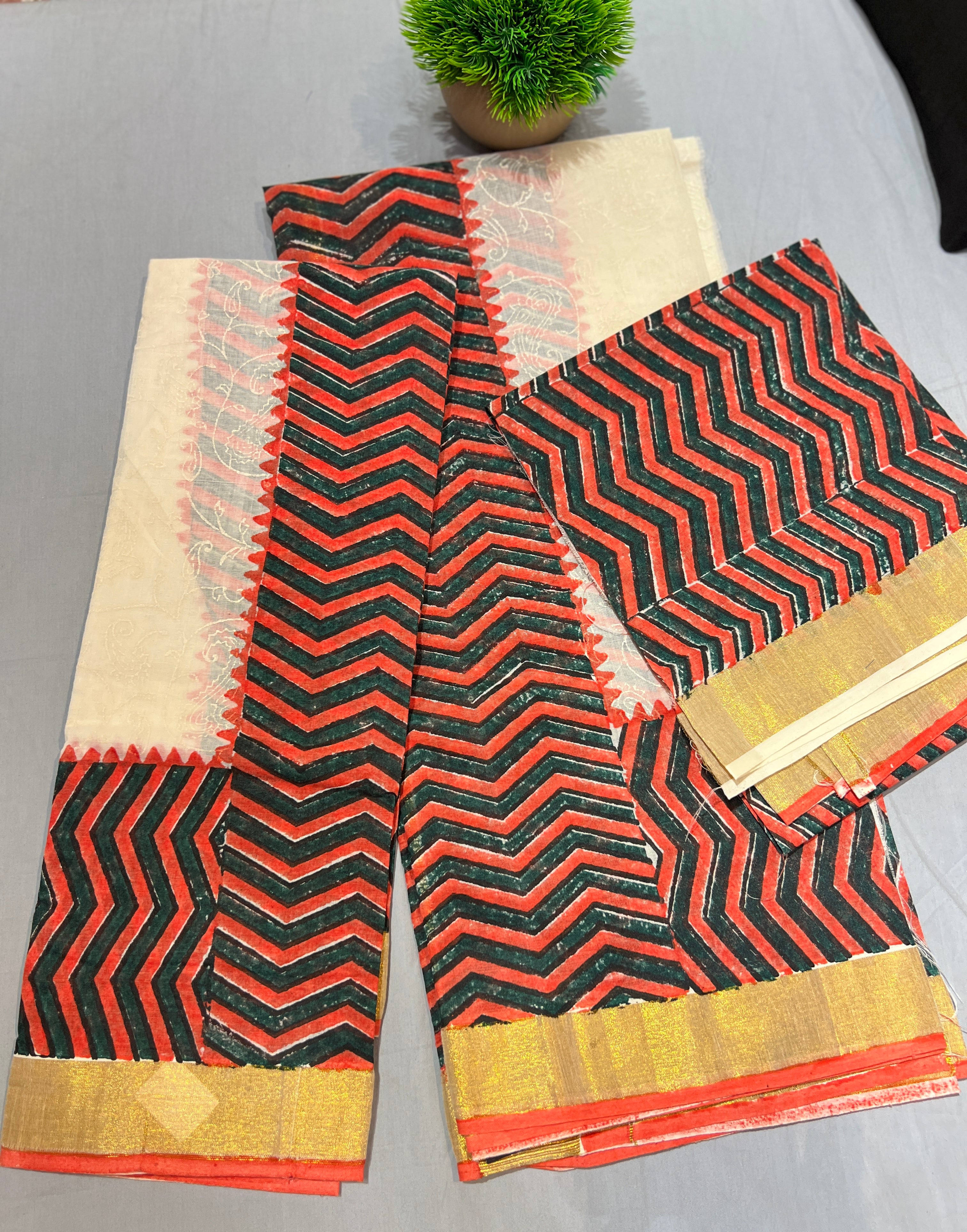 Bold Zig-Zag Block Print Cotton Set Mundu |JSC301