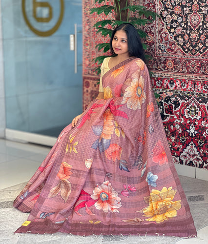 Floral Digital Print Detailed Tussar Saree | MR169