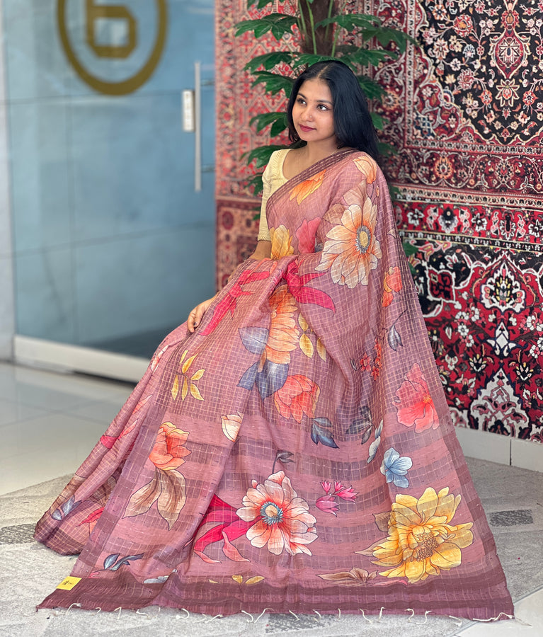Floral Digital Print Detailed Tussar Saree | MR169