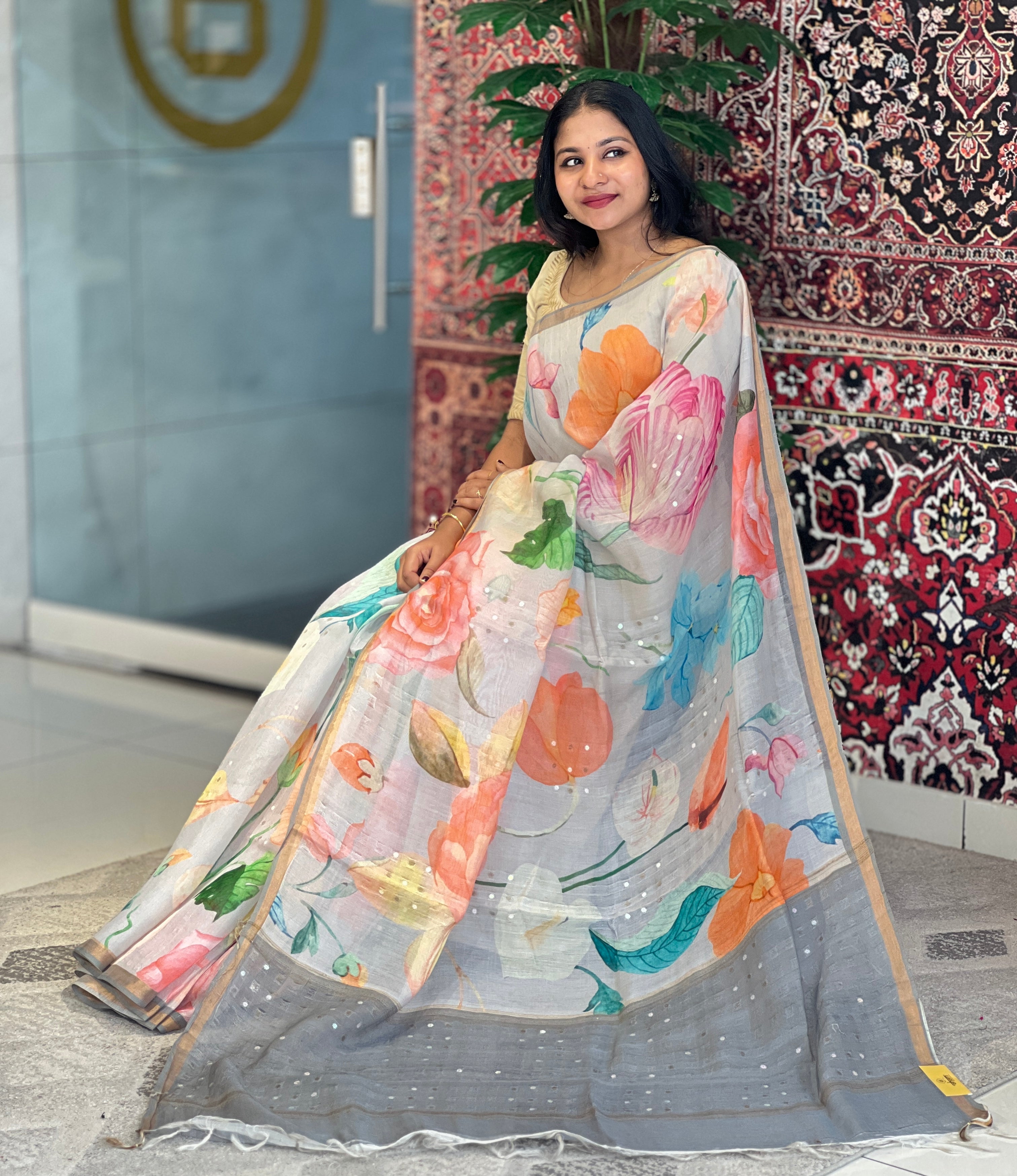 Floral Digital Print Detailed Tussar Saree | MR179