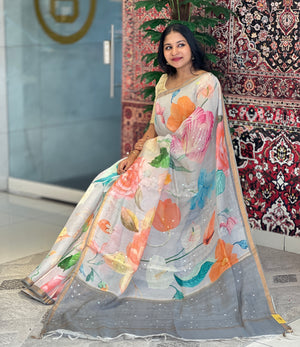 Floral Digital Print Detailed Tussar Saree | MR179