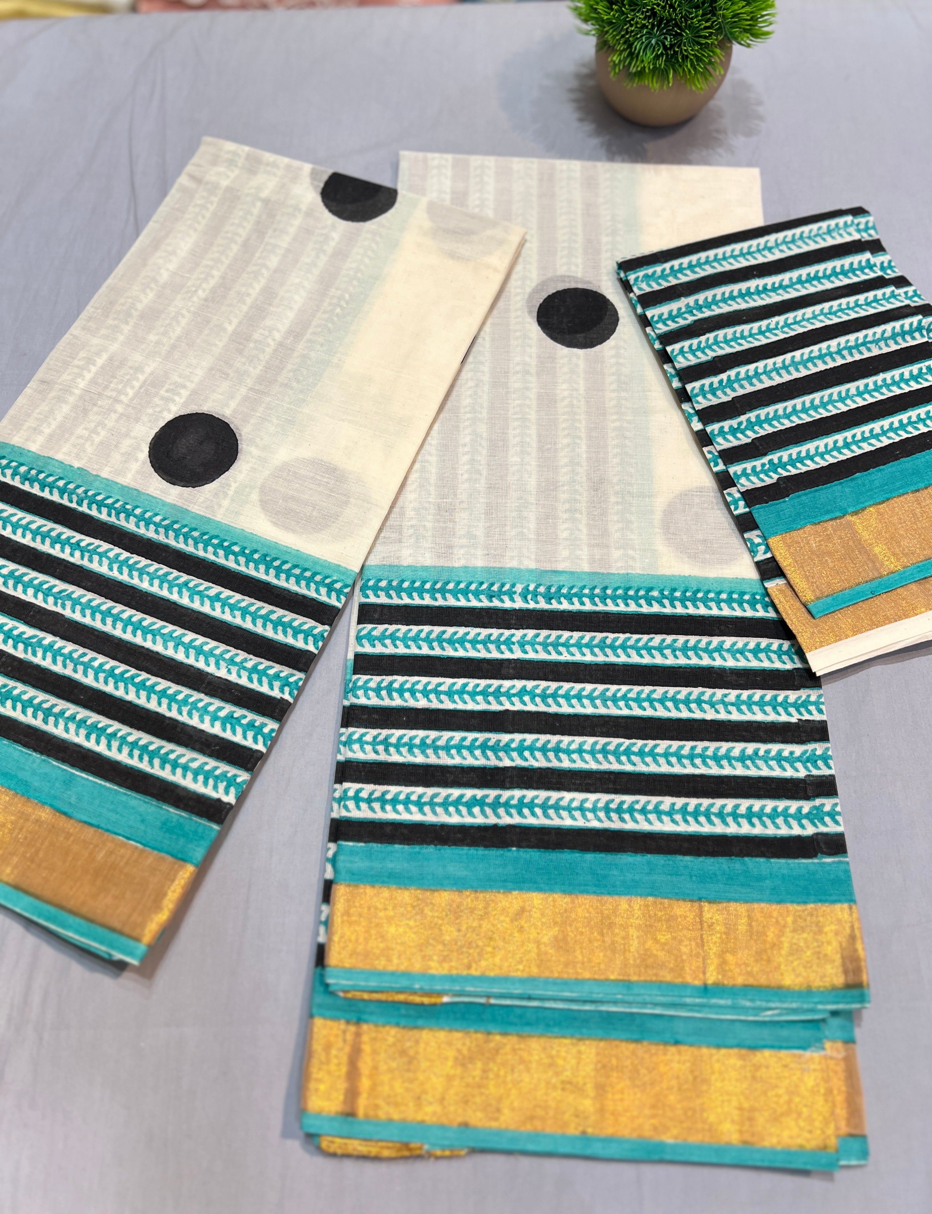 Polka & Strip Block Printed Pattern Cotton Set Mundu |JSC310