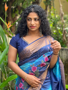 Cross Stitch Embroidery Bhagalpuri Linen Saree | NHH195