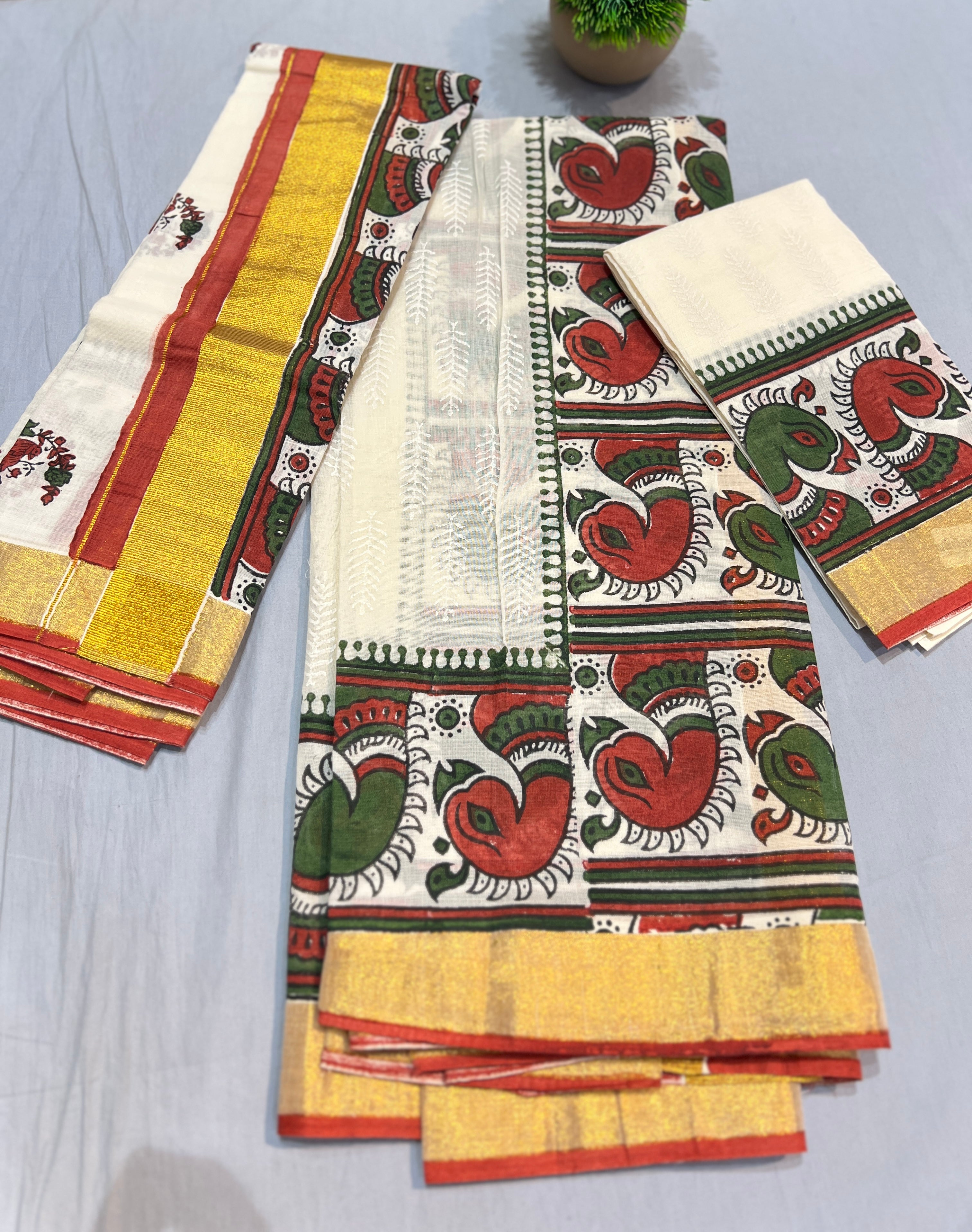 Peacock Block Print Cotton Set Mundu |JSC302