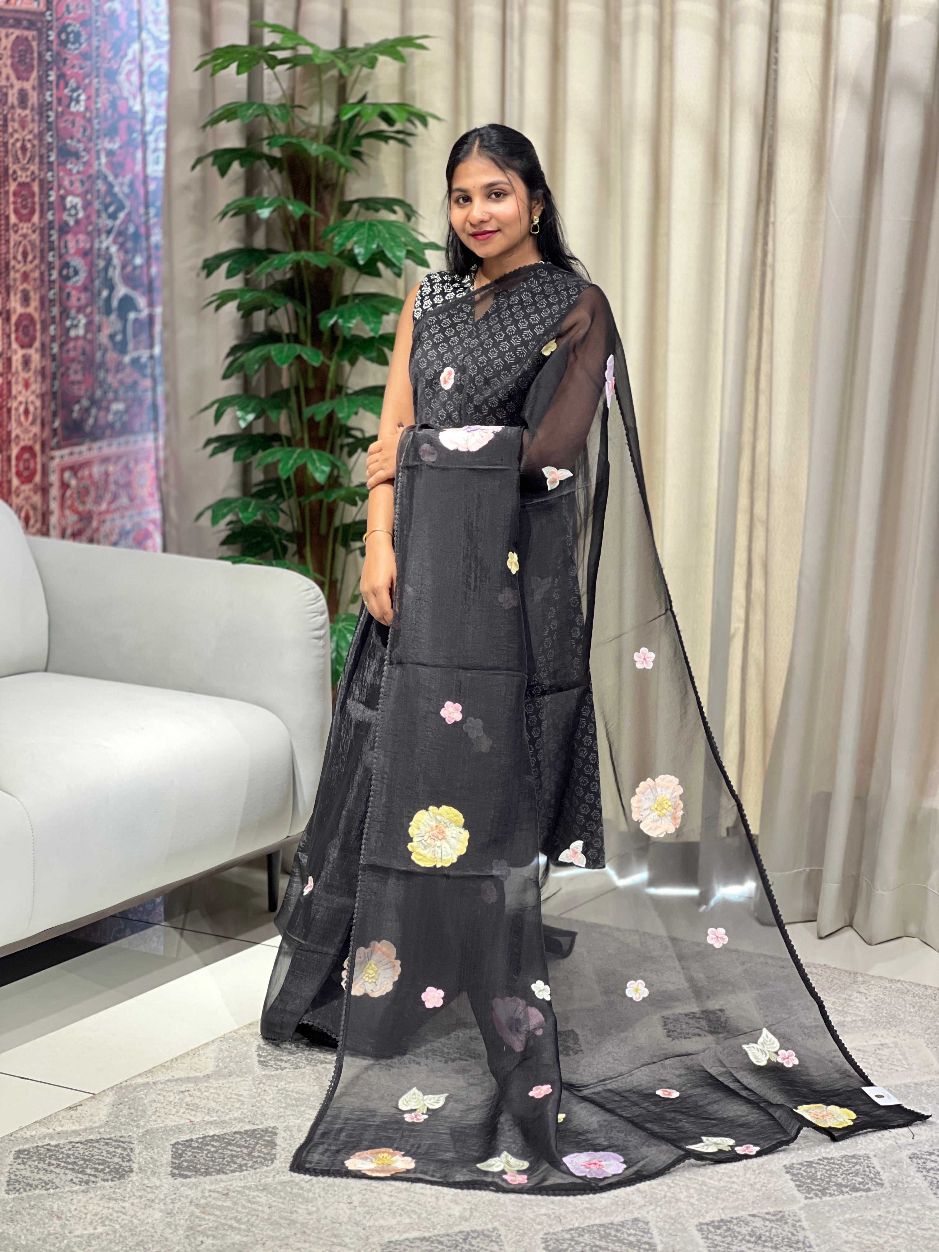Floral Embroidery Detailed Shimmer Organza Saree | BLD1706