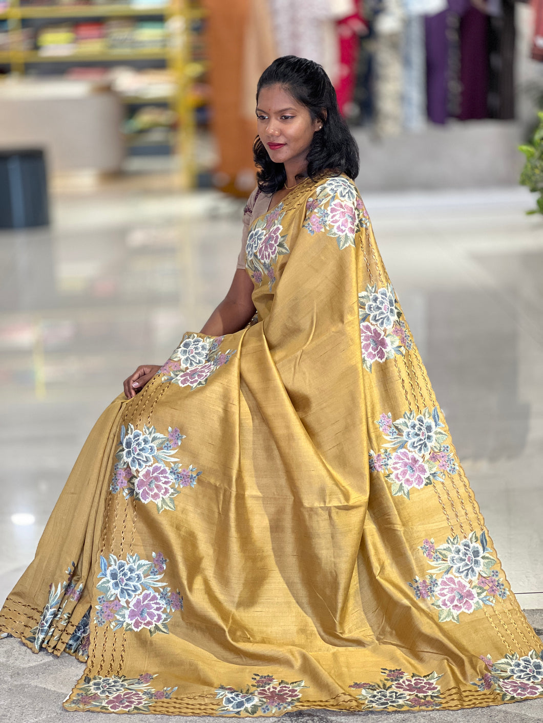 Floral Cross Stitch Embroidered Tussar Saree | SUN208