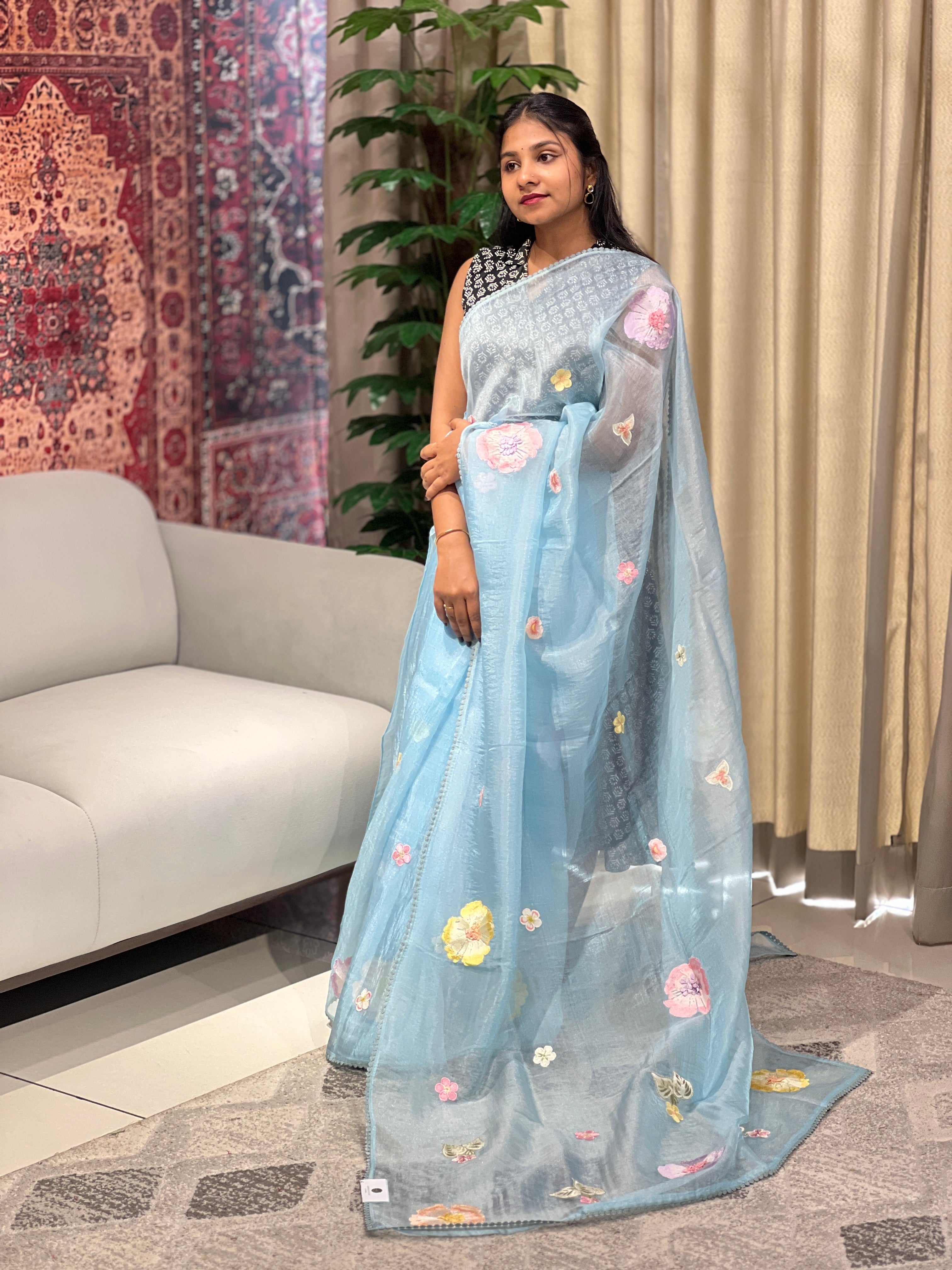 Floral Embroidery Detailed Shimmer Organza Saree | BLD1704