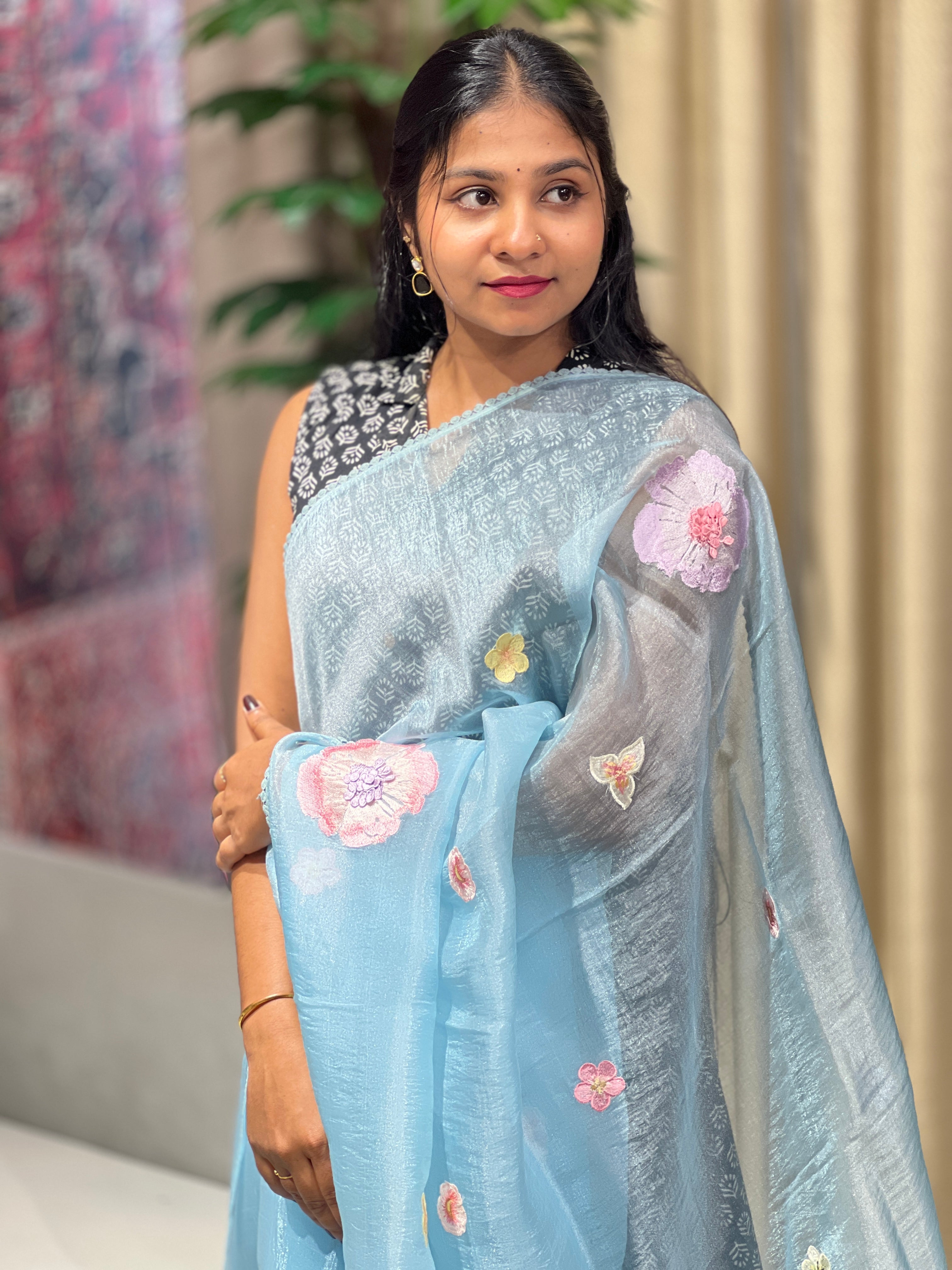 Floral Embroidery Detailed Shimmer Organza Saree | BLD1704