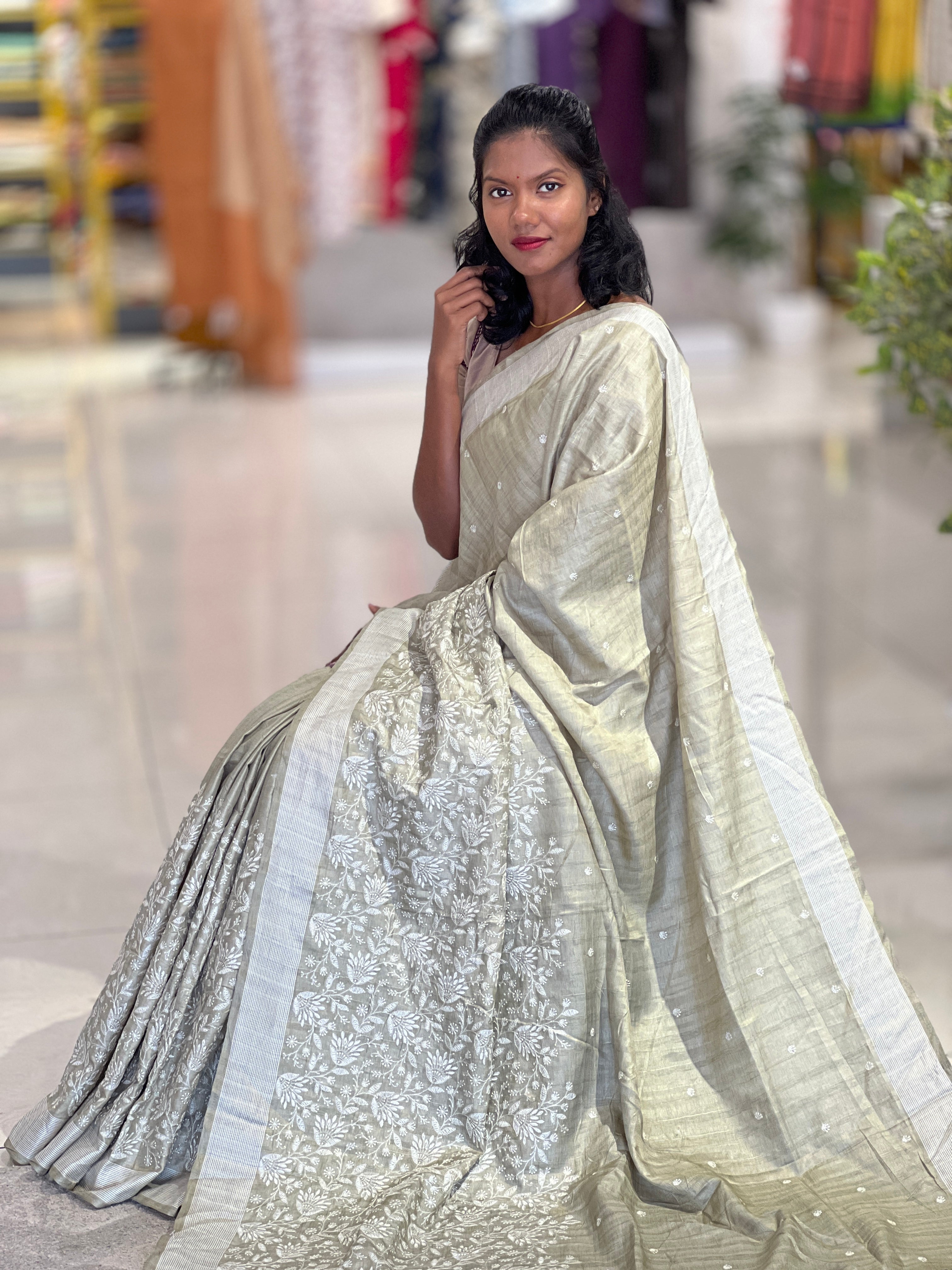 Floral Embroidery Semi Tussar Saree | SUN236