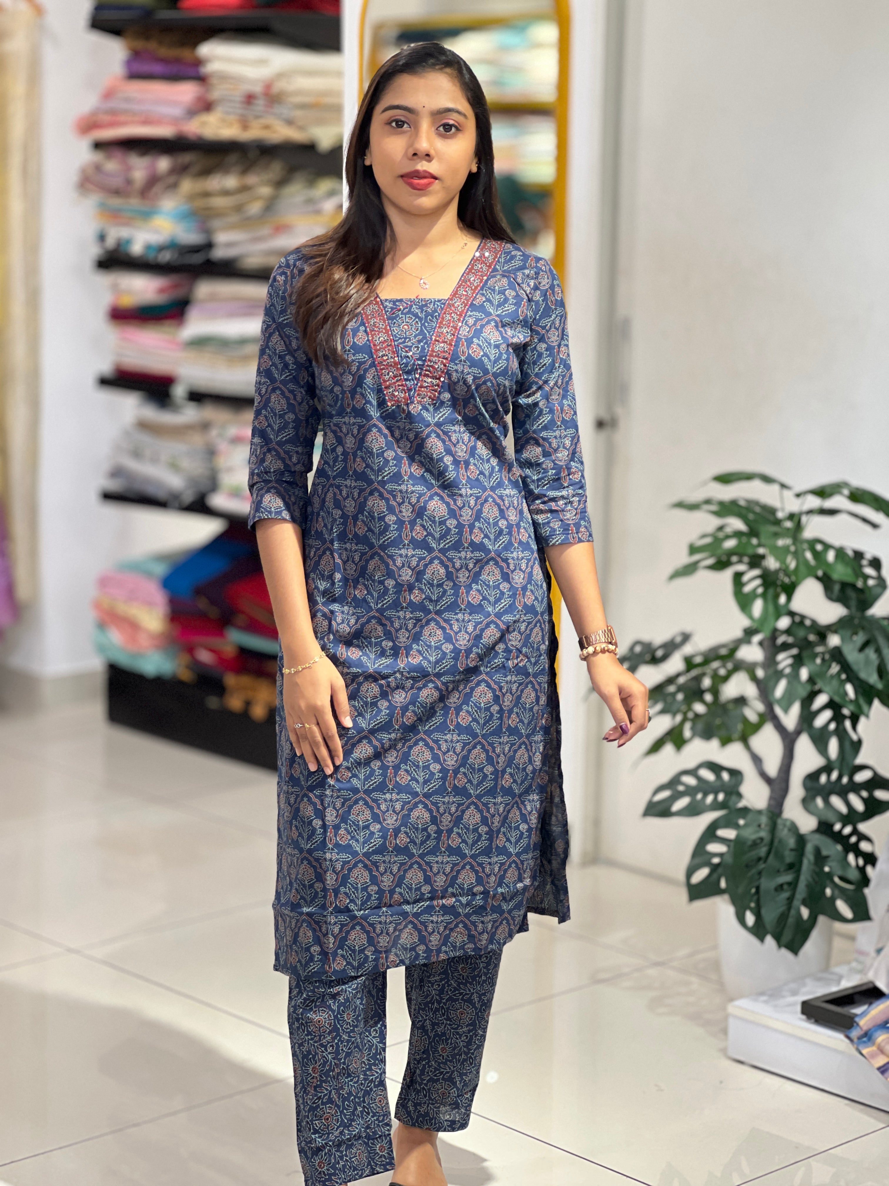 Print With Embroidery Detailed Cotton Kurta Set | UNM106