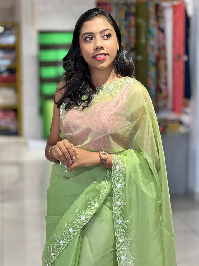 Hand Work Border Detailed Organza Saree | SBP1036