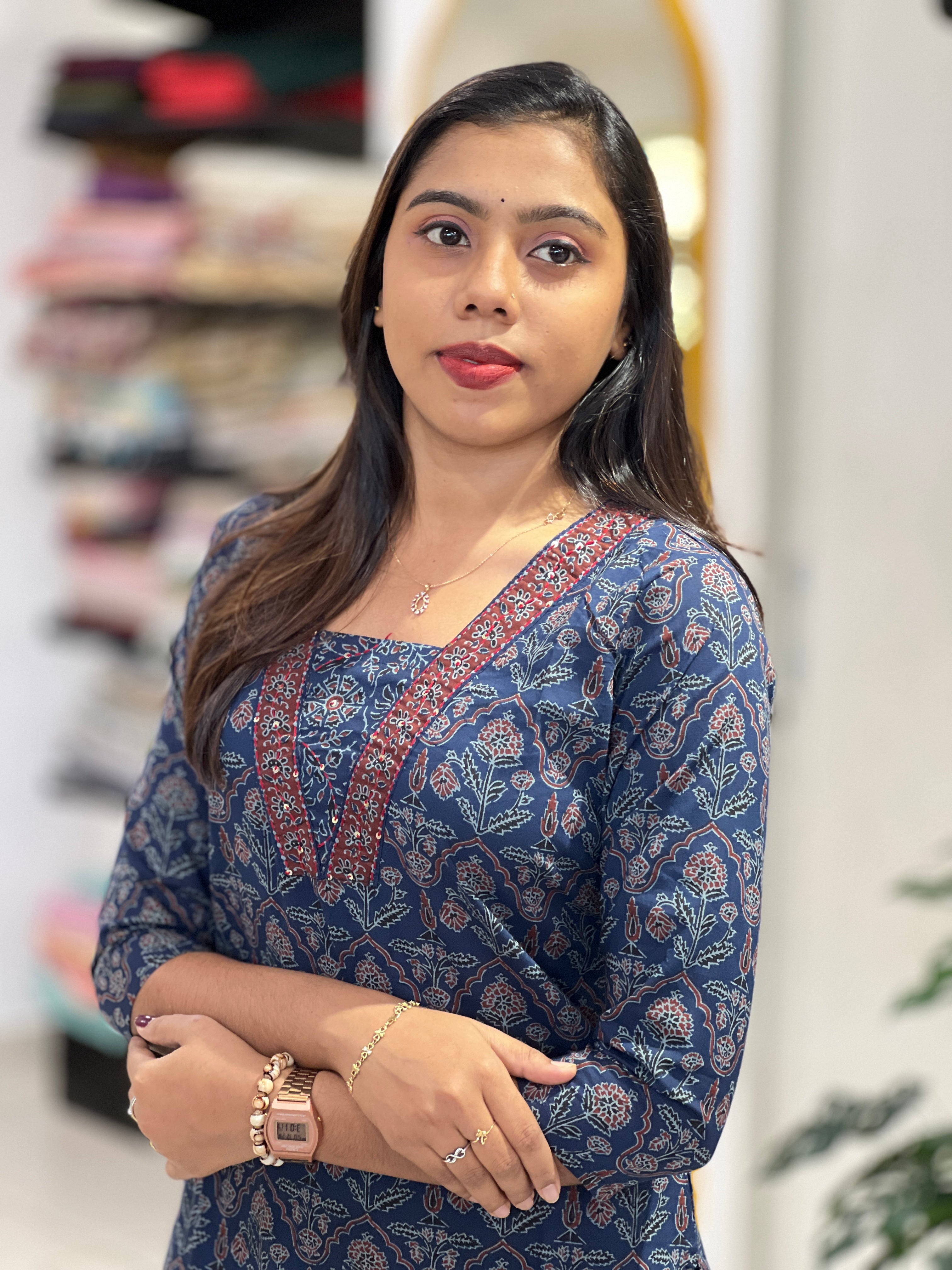 Print With Embroidery Detailed Cotton Kurta Set | UNM106