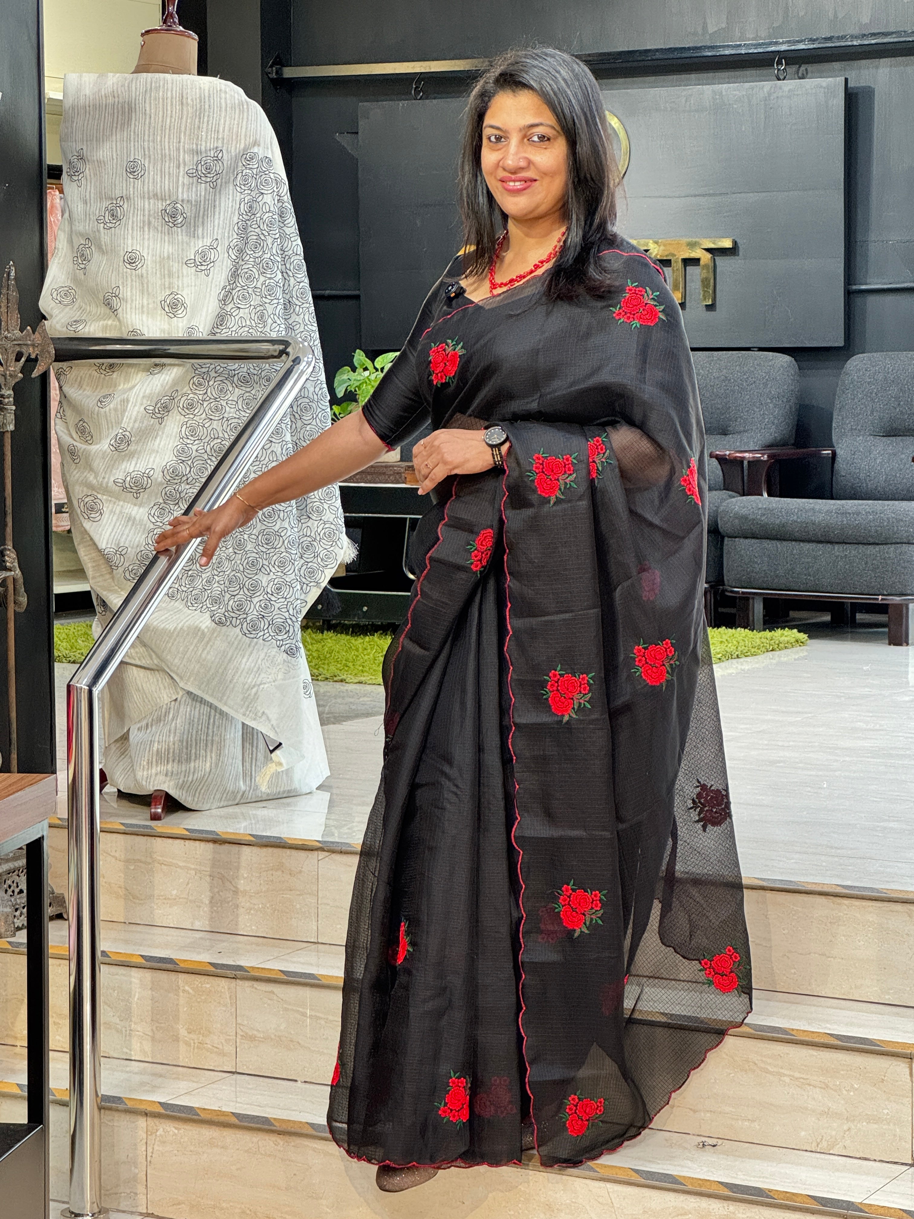 Floral Machine Embroidery Detailed Silky Kota Saree | HT349