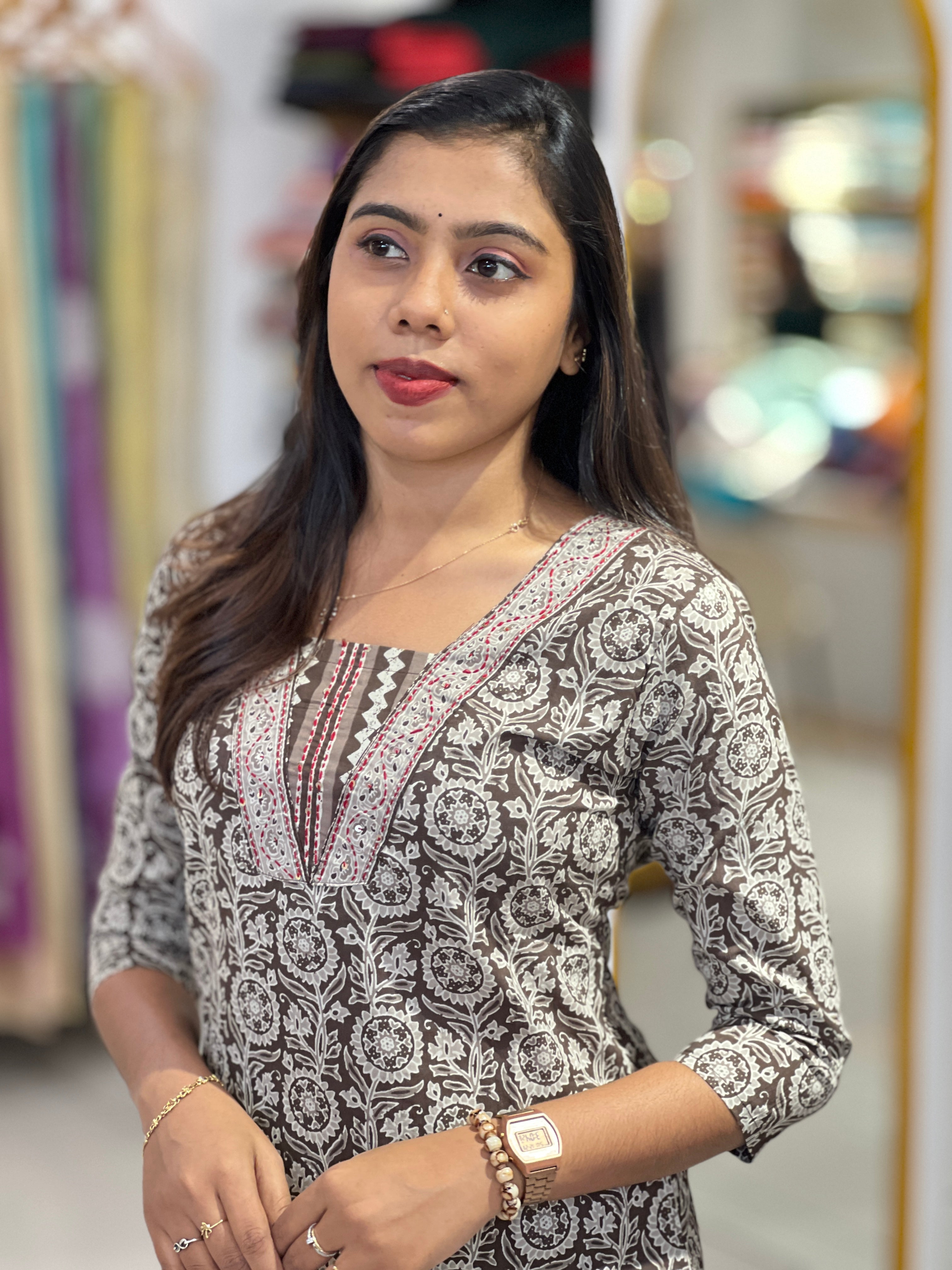 Print With Embroidery Detailed Cotton Kurta Set | UNM105