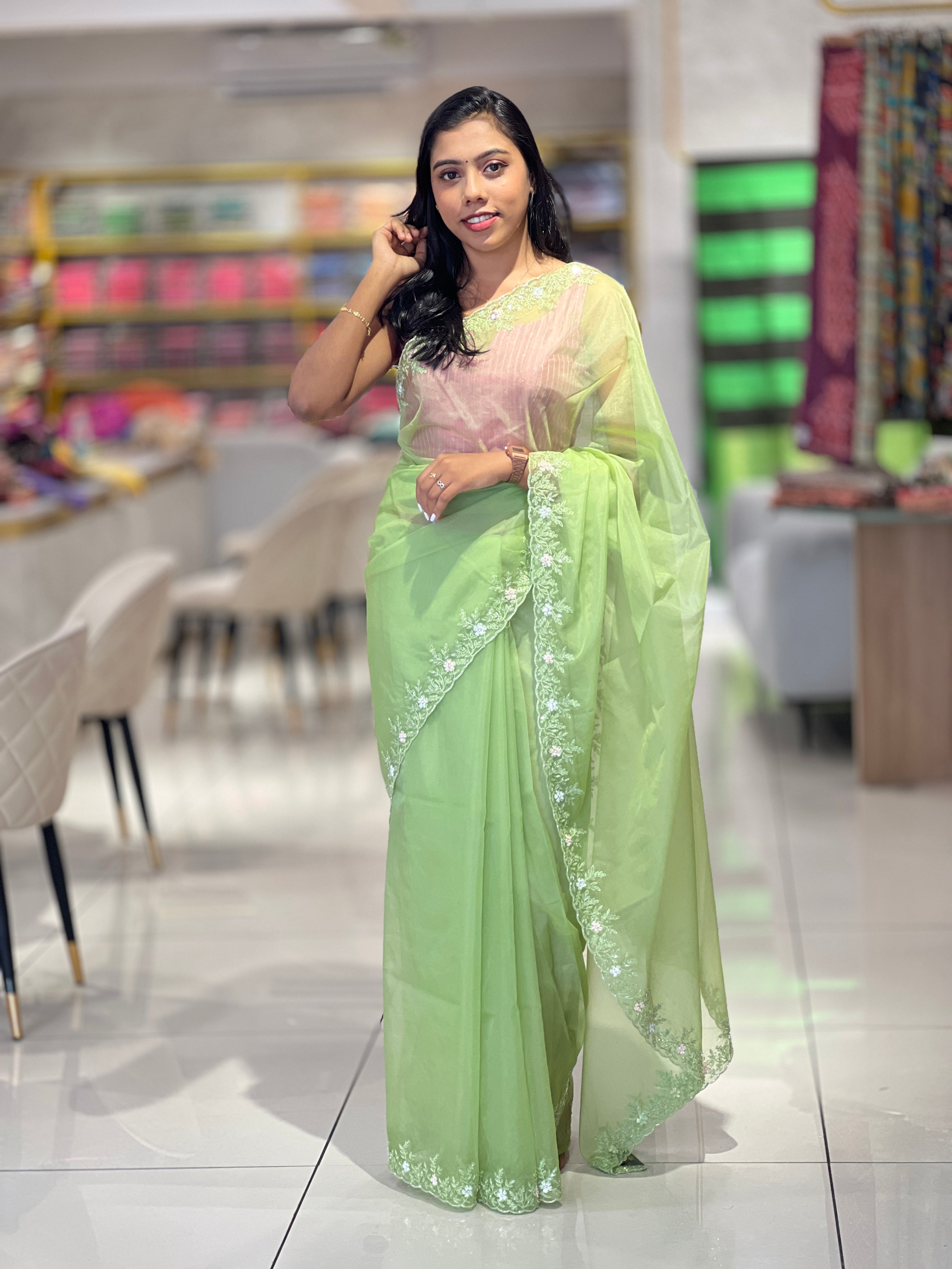 Hand Work Border Detailed Organza Saree | SBP1036