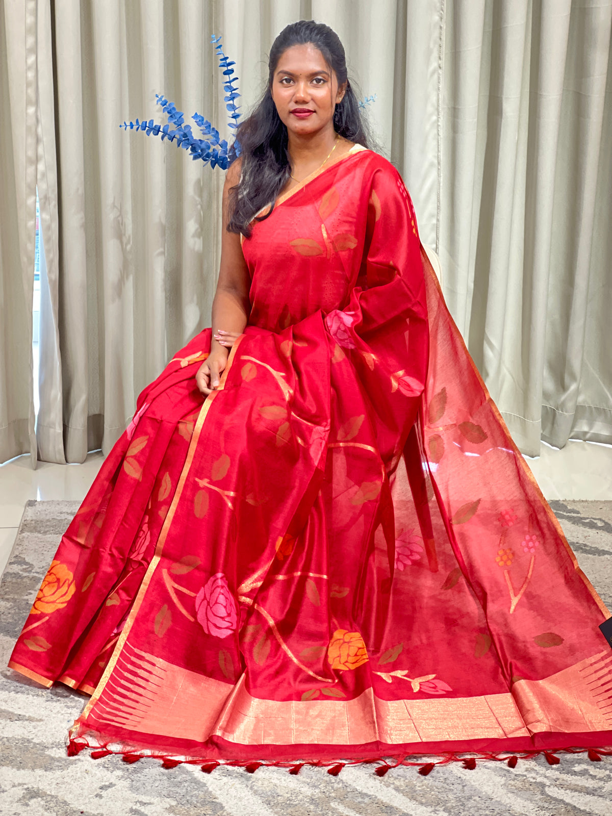 Floral Pattern Jamdani Weave Chanderi Finish Saree | SSN567