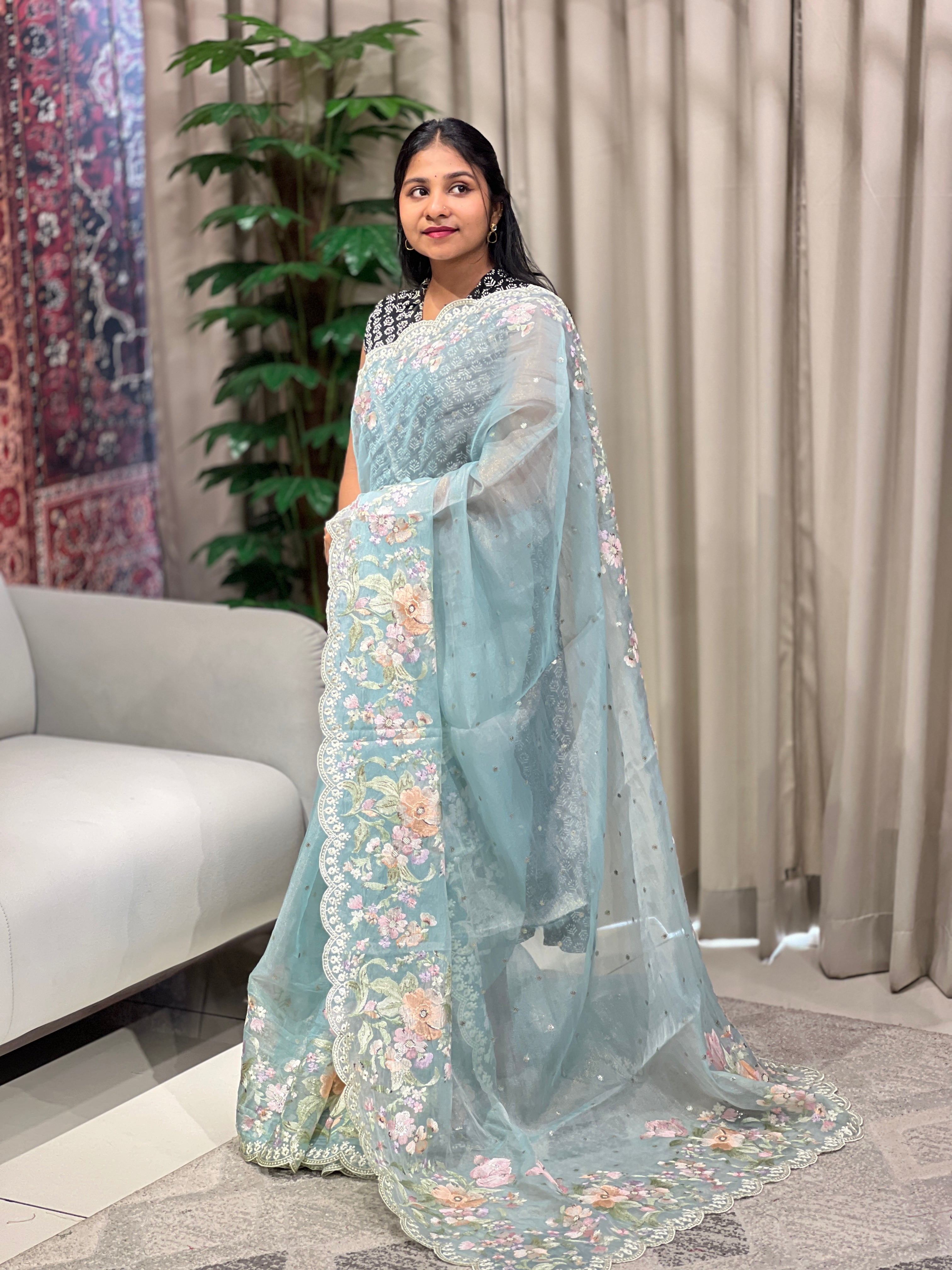 Multicolour Floral Machine Embroidery Detailed Crushed Viscose Organza Saree | BLD1685