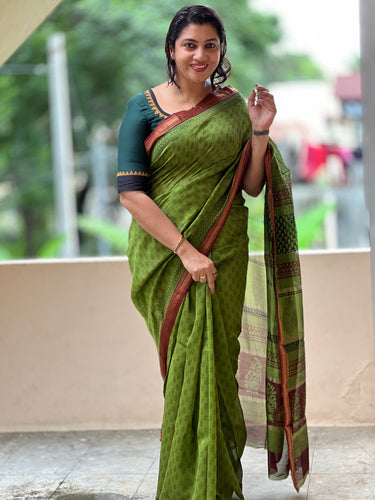 Block Printed Mangalgiri Silk Saree | SVF107