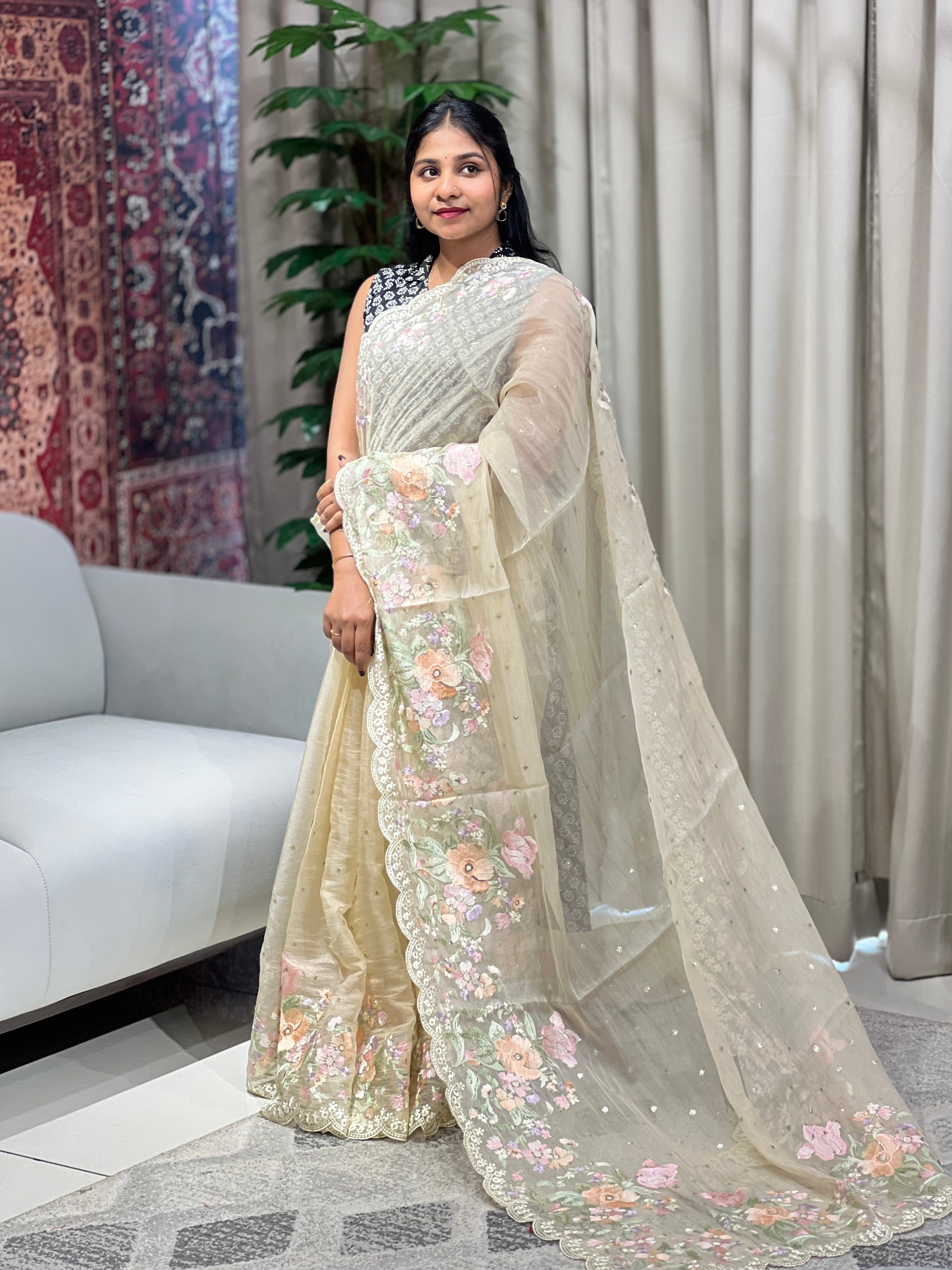 Multicolour Floral Machine Embroidery Detailed Crushed Viscose Organza Saree | BLD1684