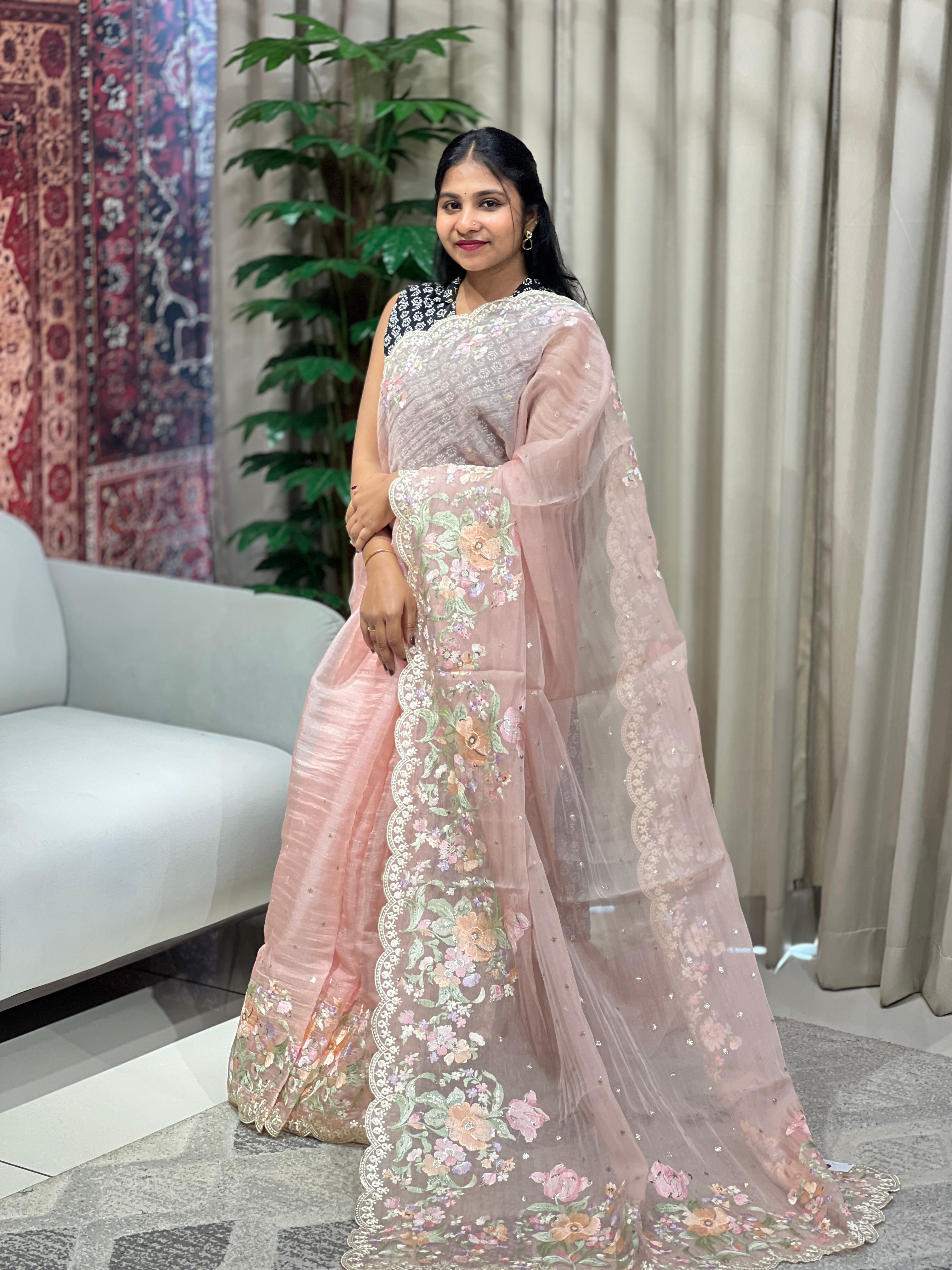 Multicolour Floral Machine Embroidery Detailed Crushed Viscose Organza Saree | BLD1688