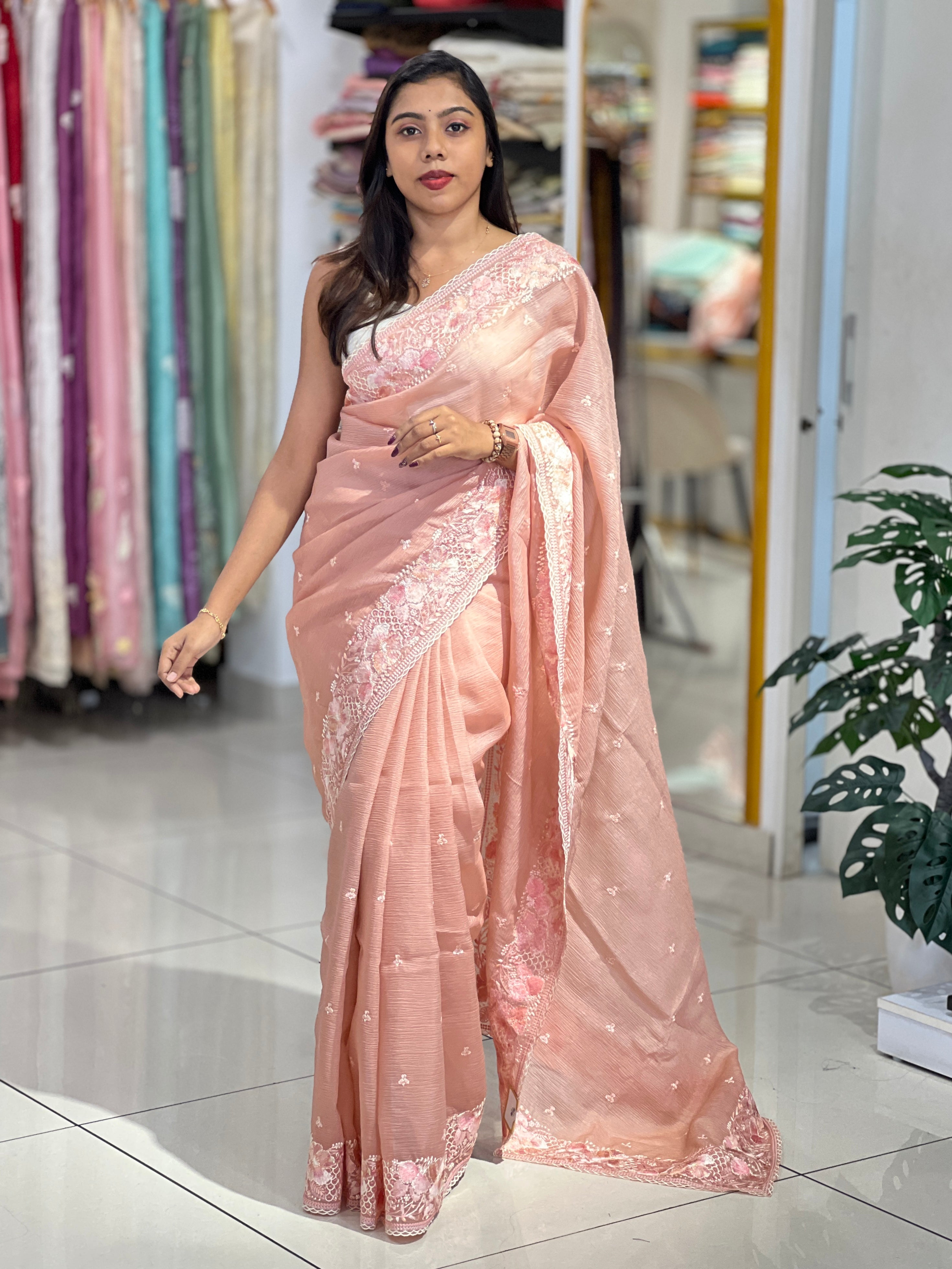 Floral Embroidery Detailed Crushed Shimmer Organza Saree | BLD2092