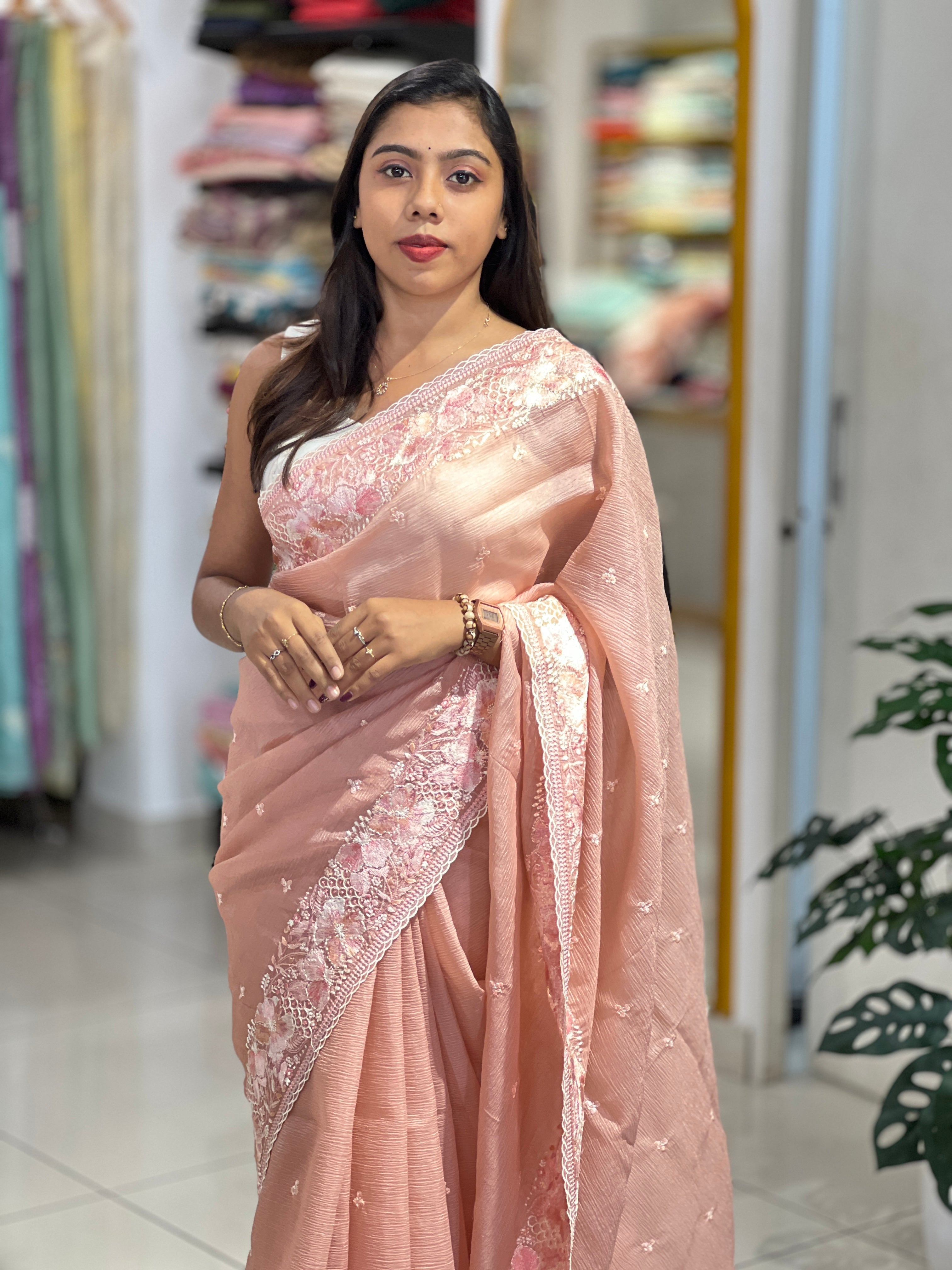 Floral Embroidery Detailed Crushed Shimmer Organza Saree | BLD2092