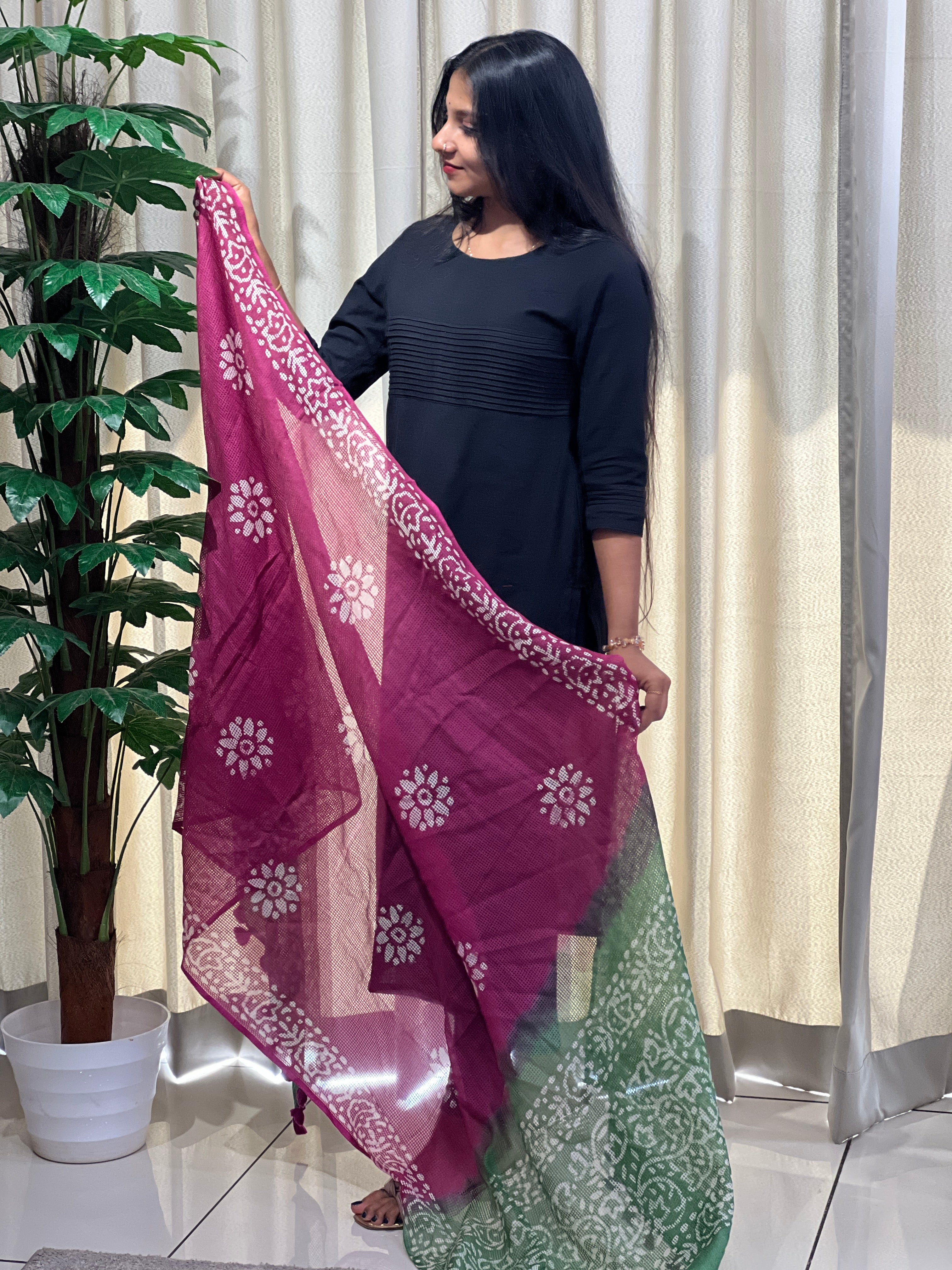 Batik Printed Muga Check Kota Dupatta | SS879