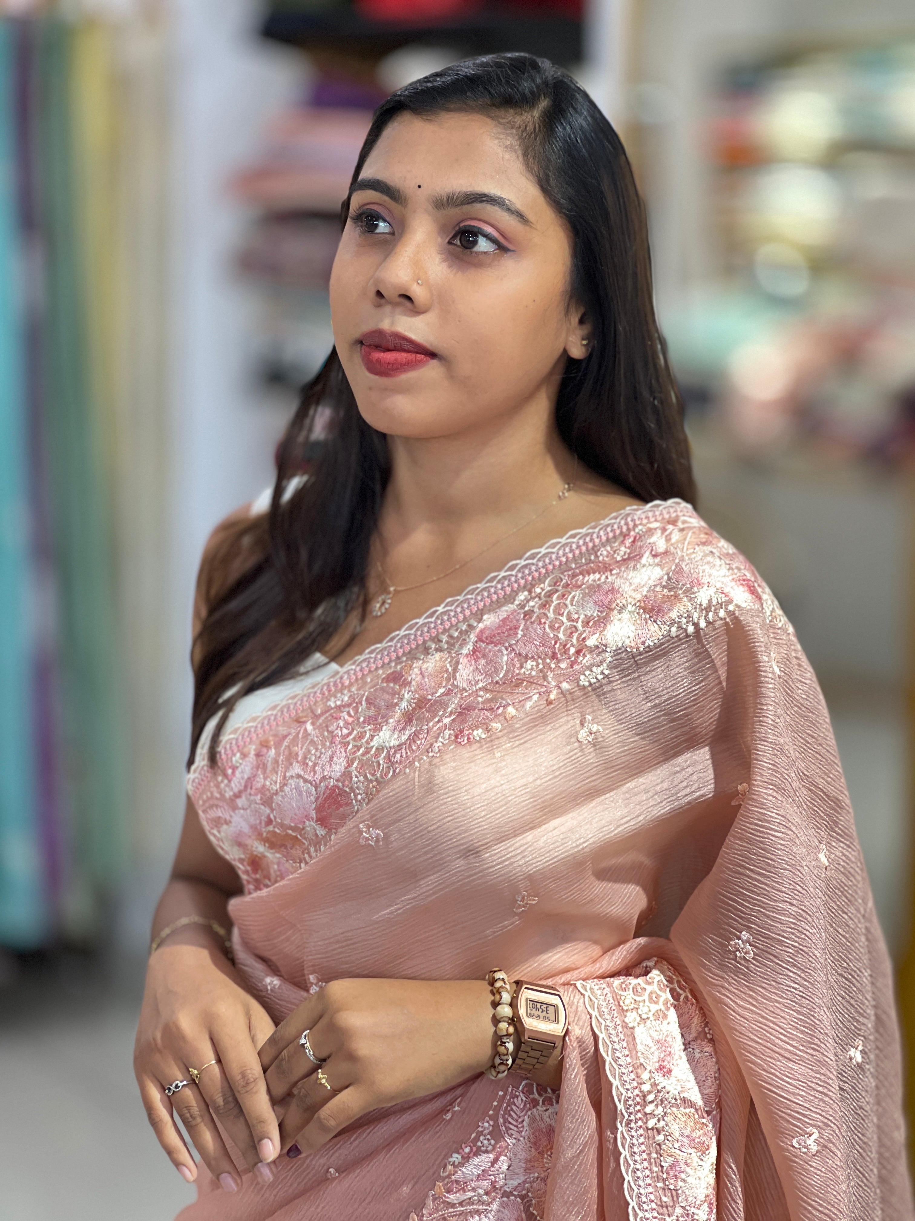 Floral Embroidery Detailed Crushed Shimmer Organza Saree | BLD2092