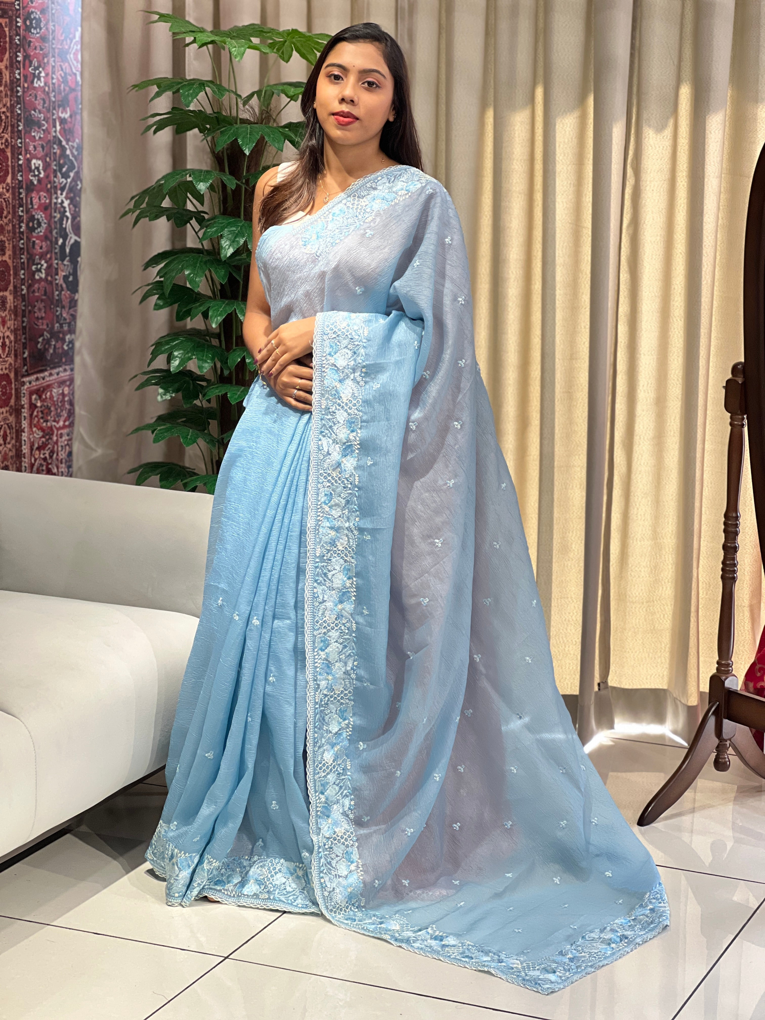 Floral Embroidery Detailed Crushed Shimmer Organza Saree | BLD2093