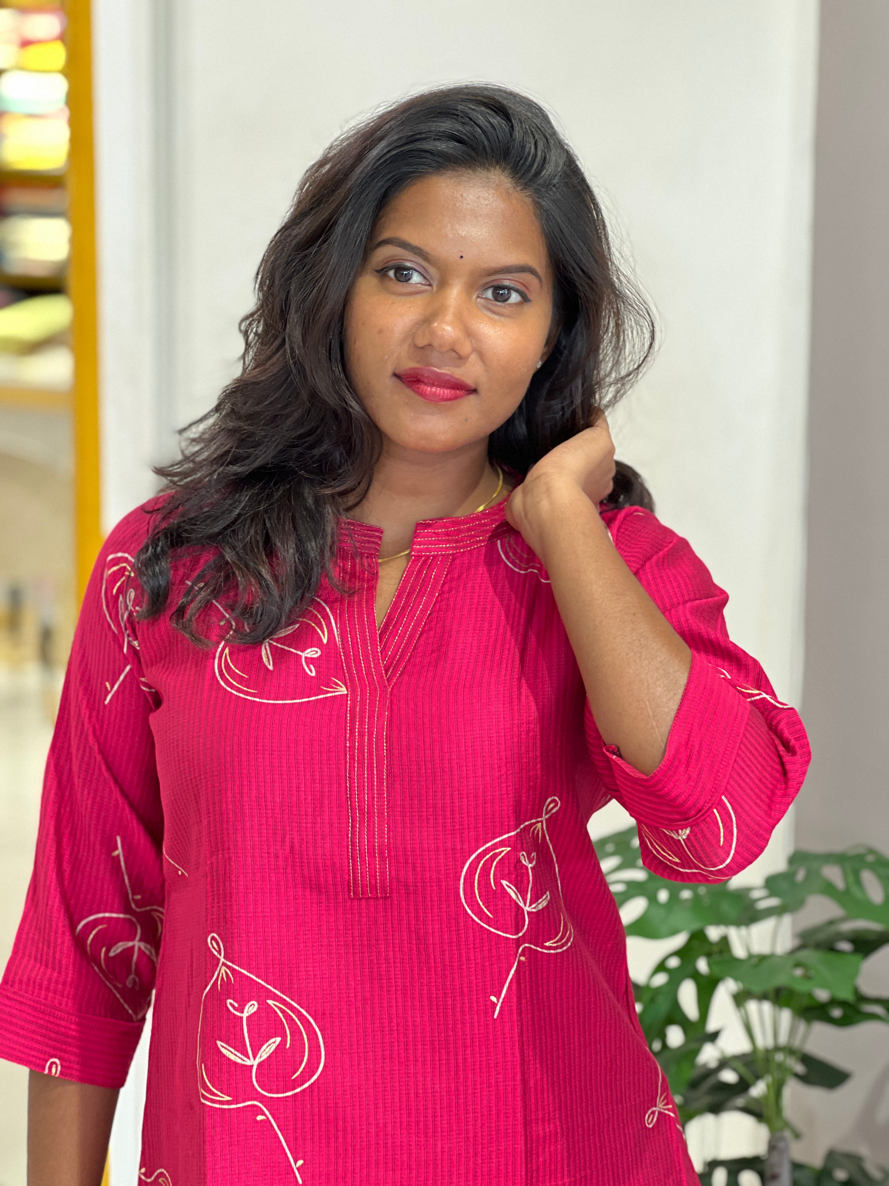 Leaf Print & Zari Work Detailed Cotton Kurta Set |MSN216