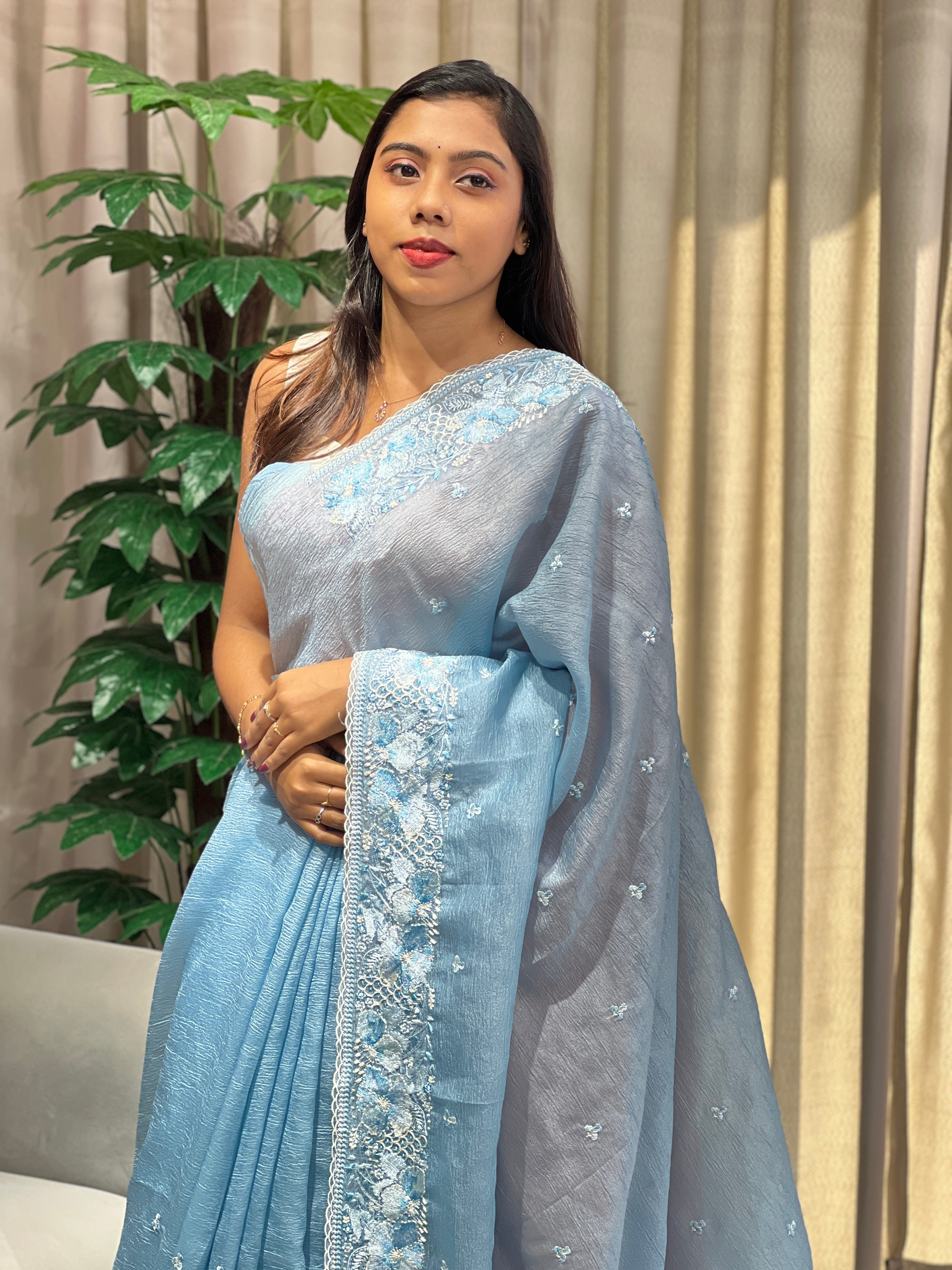 Floral Embroidery Detailed Crushed Shimmer Organza Saree | BLD2093