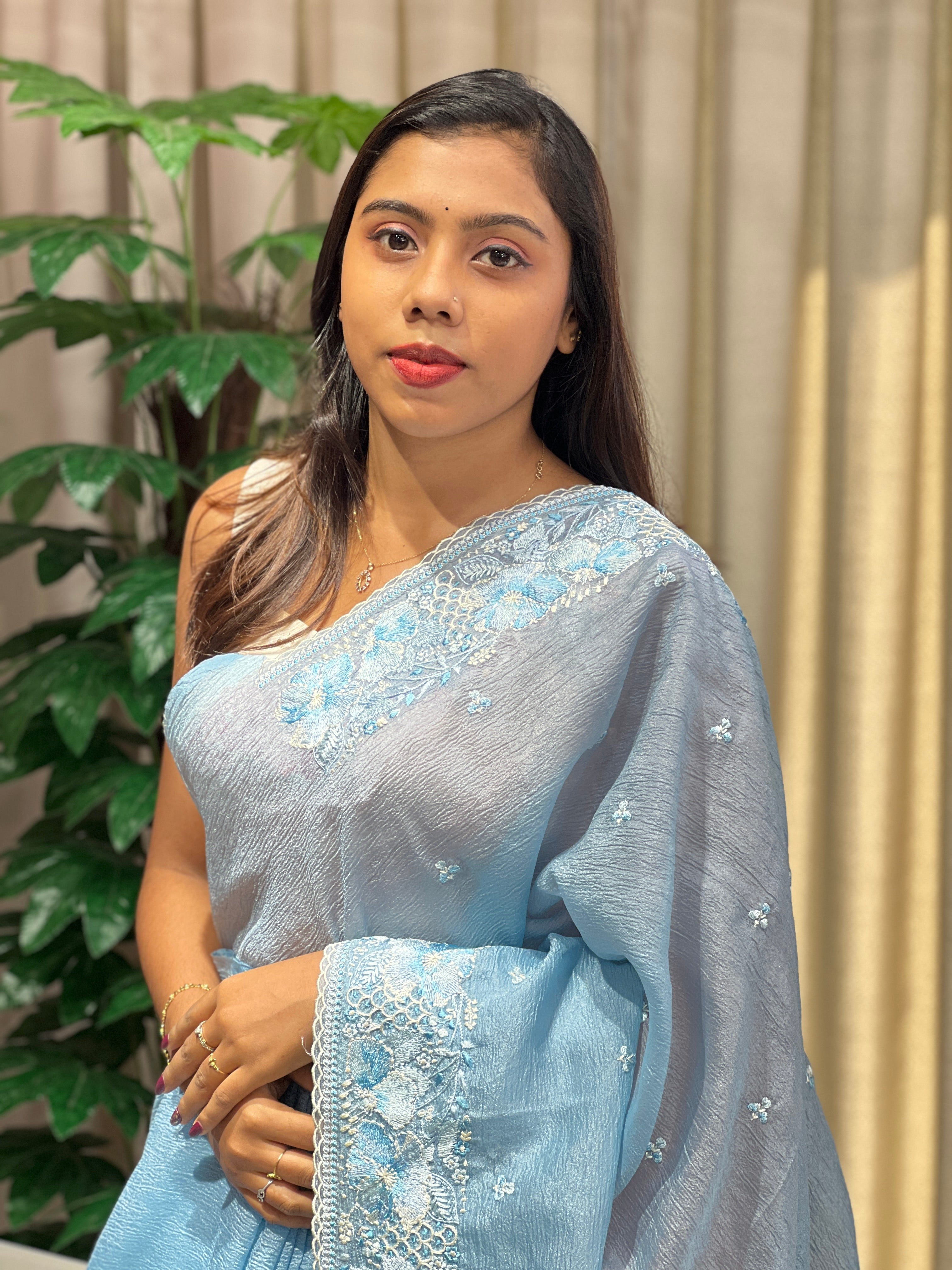 Floral Embroidery Detailed Crushed Shimmer Organza Saree | BLD2093