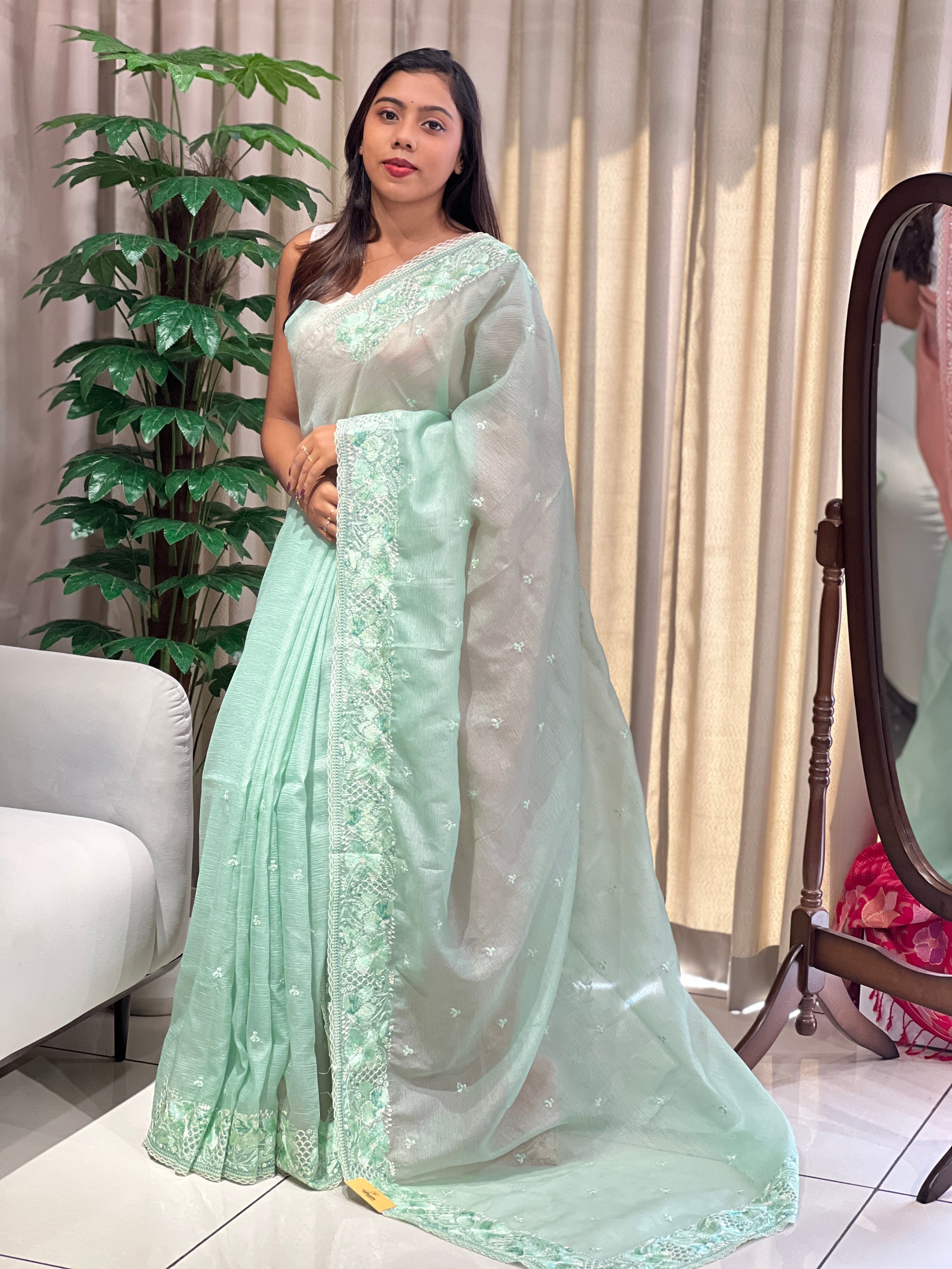 Floral Embroidery Detailed Crushed Shimmer Organza Saree | BLD2091