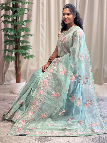 Floral Embroidery With Silver Zari Detailed Organza Saree | BLD1092