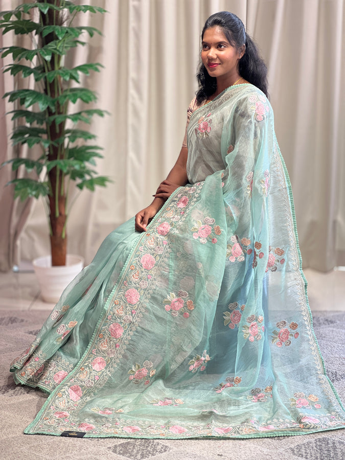 Floral Embroidery With Silver Zari Detailed Organza Saree | BLD1092