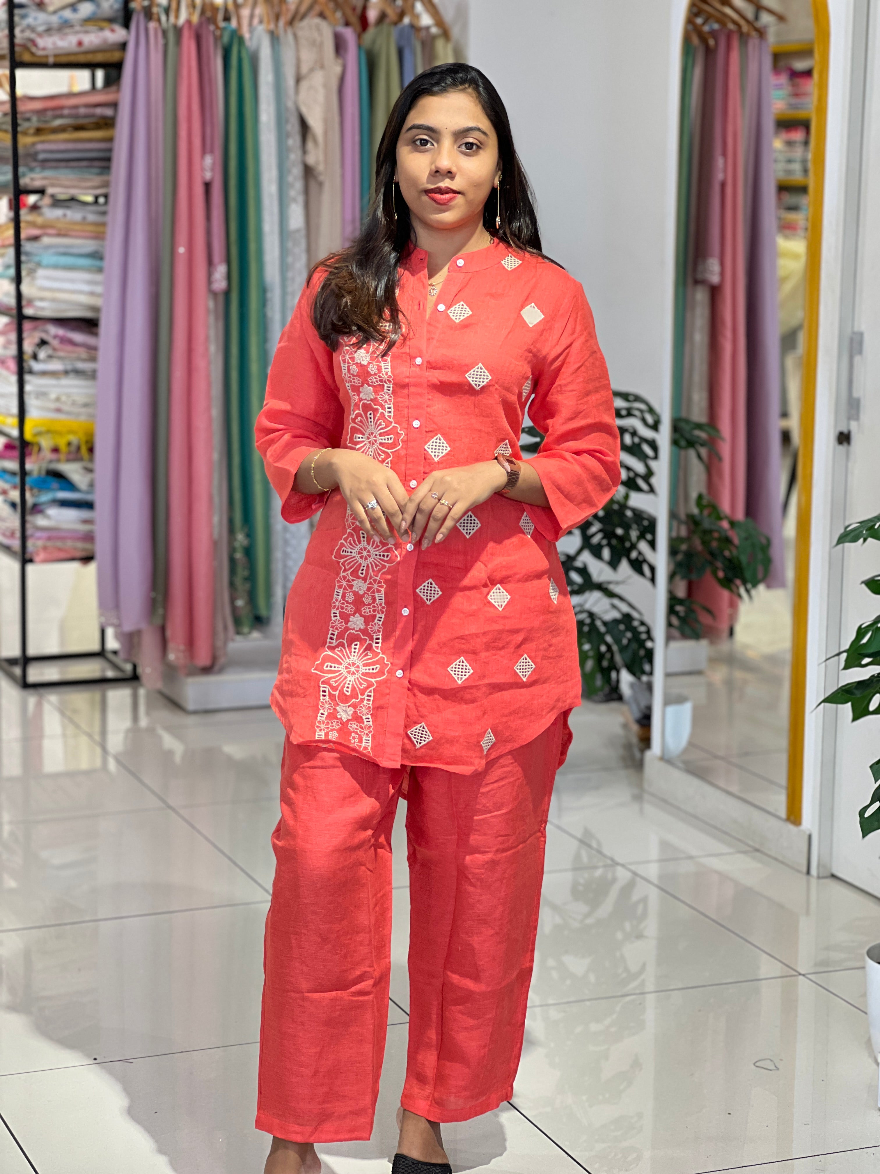 Floral Cutwork Detailed Pure Linen  Cord Set | RAG104