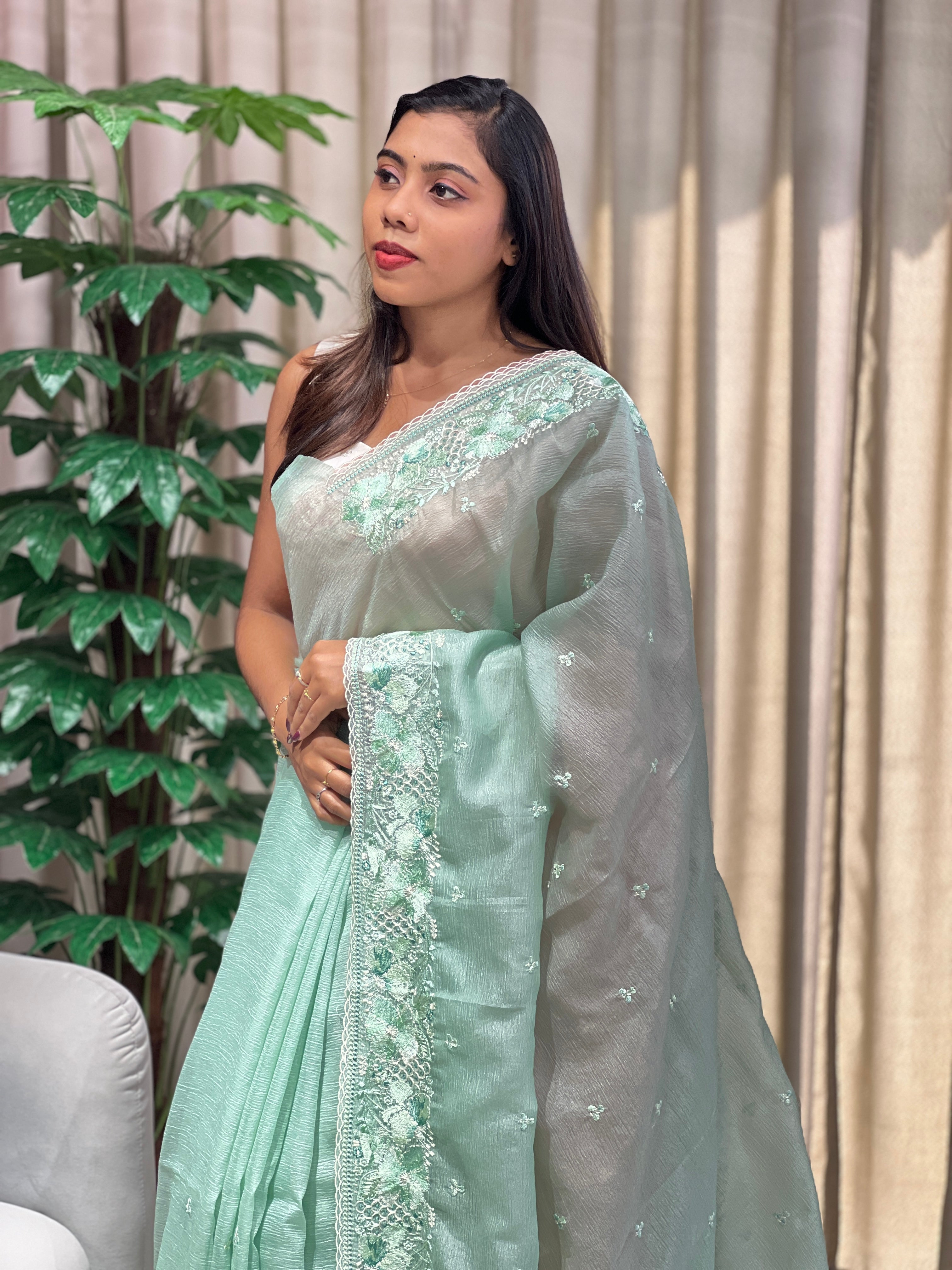 Floral Embroidery Detailed Crushed Shimmer Organza Saree | BLD2091