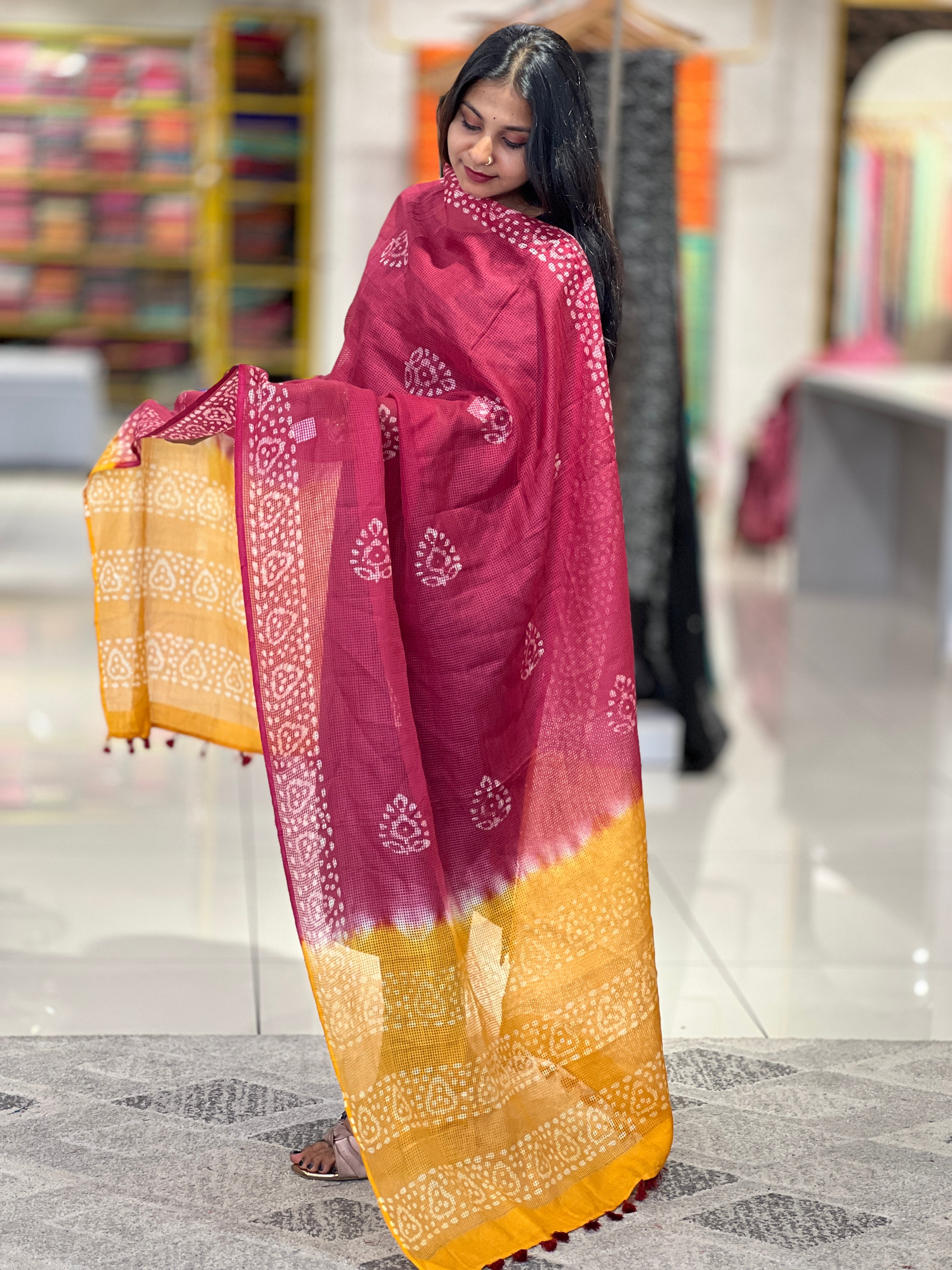 Batik Printed Muga Check Kota Dupatta | SS879