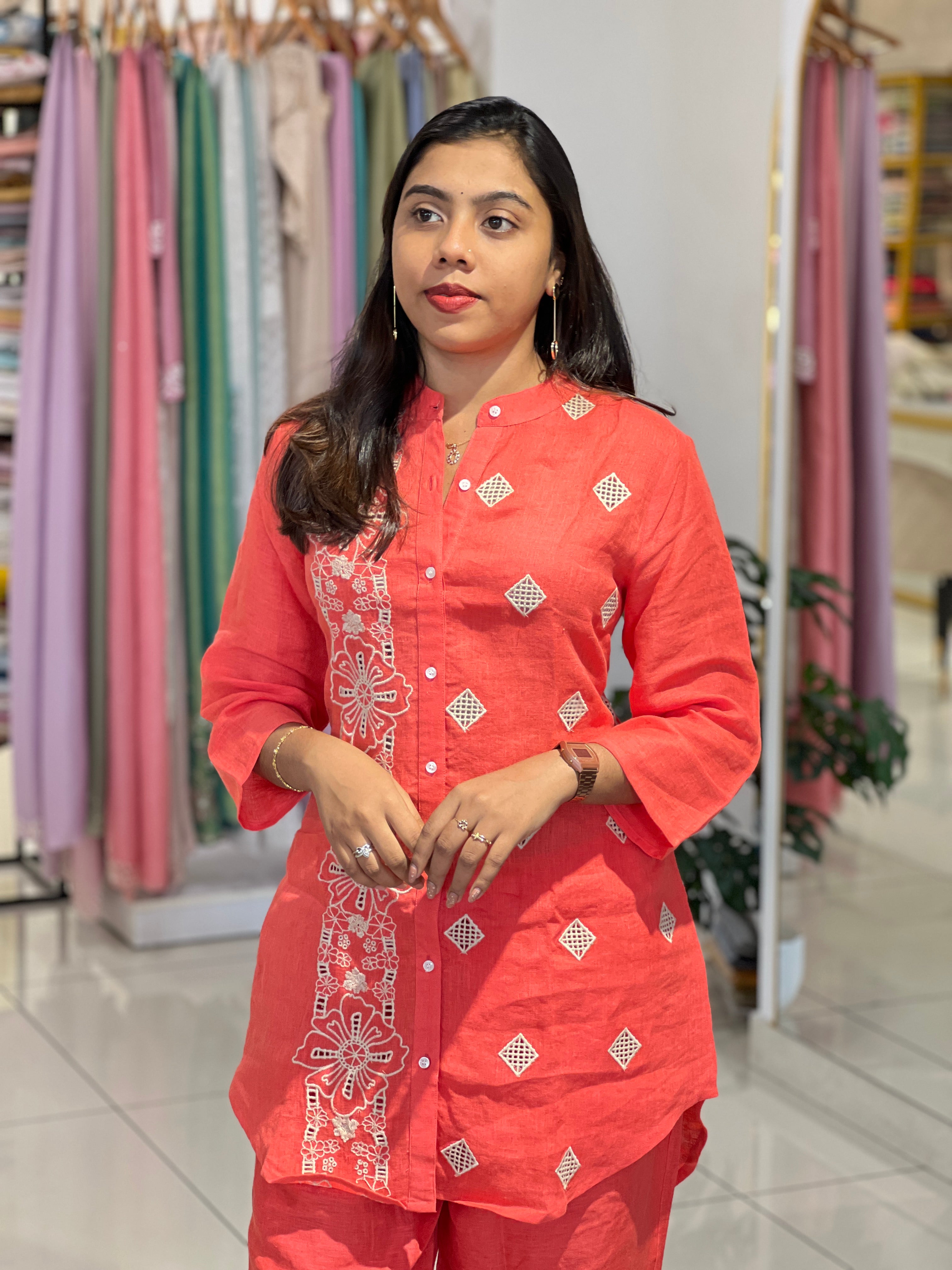 Floral Cutwork Detailed Pure Linen  Cord Set | RAG104