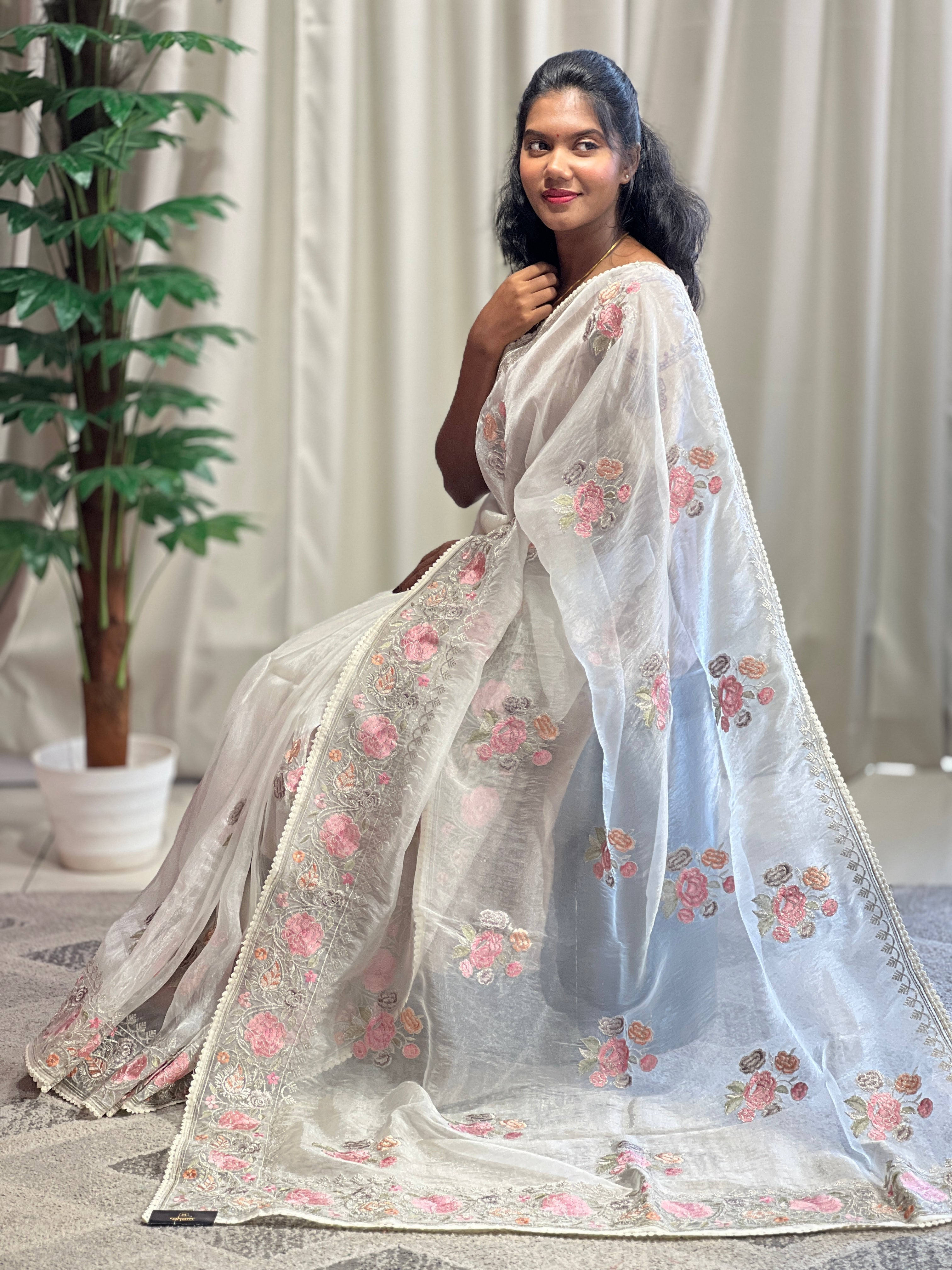 Floral Embroidery With Silver Zari Detailed Organza Saree | BLD1088