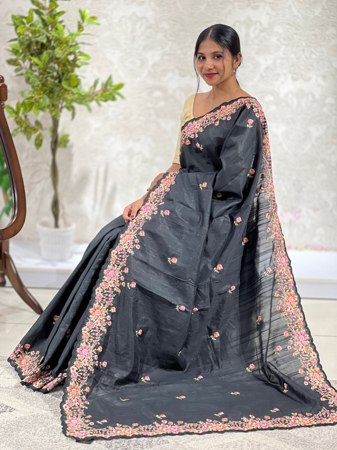 Floral Embroidery Semi Tussar Saree | SBP368