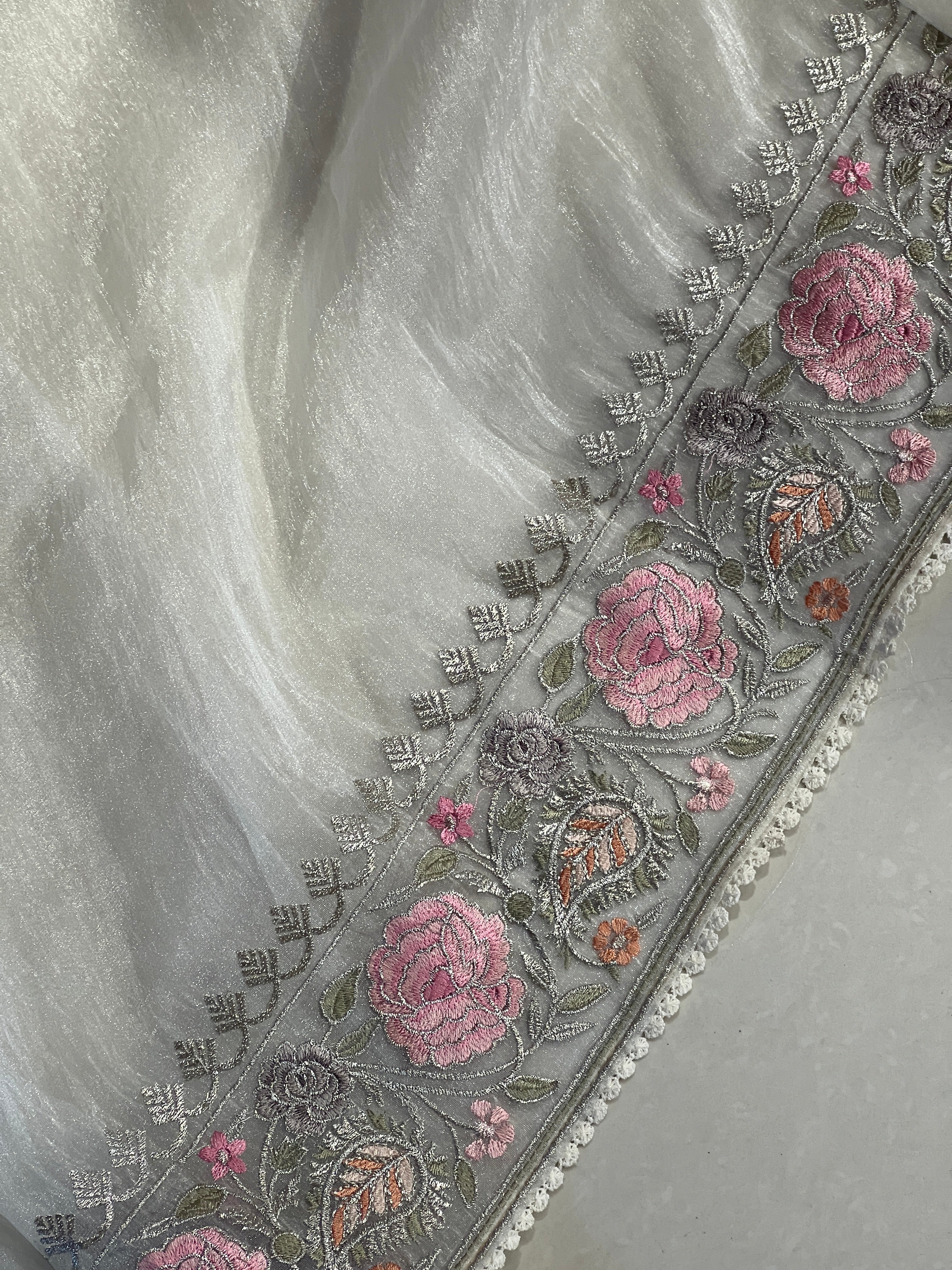 Floral Embroidery With Silver Zari Detailed Organza Saree | BLD1088