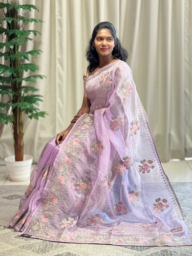 Floral Embroidery With Silver Zari Detailed Organza Saree | BLD1091